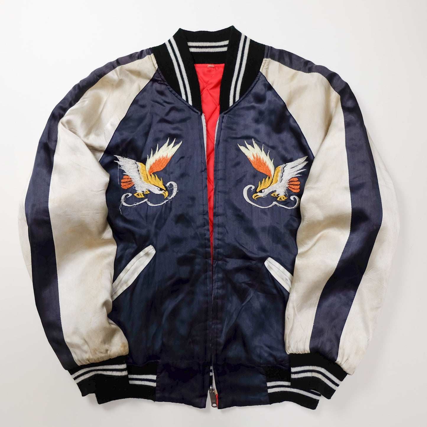 Vintage Japan Eagle Sukajan Jacket L Yokoburi Embroidered Navy White Souvenir Bomber Pine Hawk Japanese Streetwear