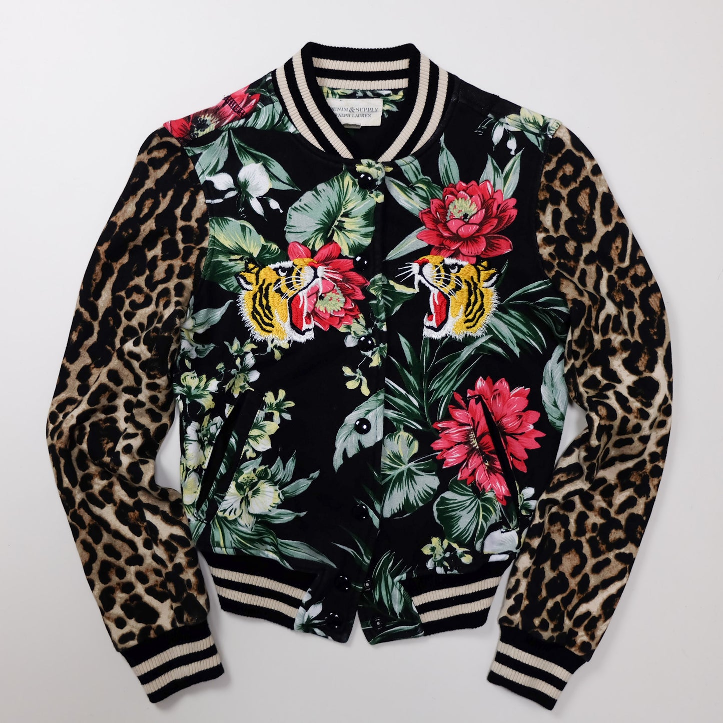 Denim & Supply Ralph Lauren Tiger Bomber Jacket XS Floral Leopard Embroidered Women’s Sukajan Style