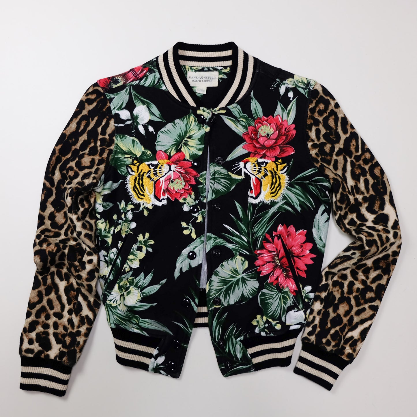 Denim & Supply Ralph Lauren Tiger Bomber Jacket XS Floral Leopard Embroidered Women’s Sukajan Style