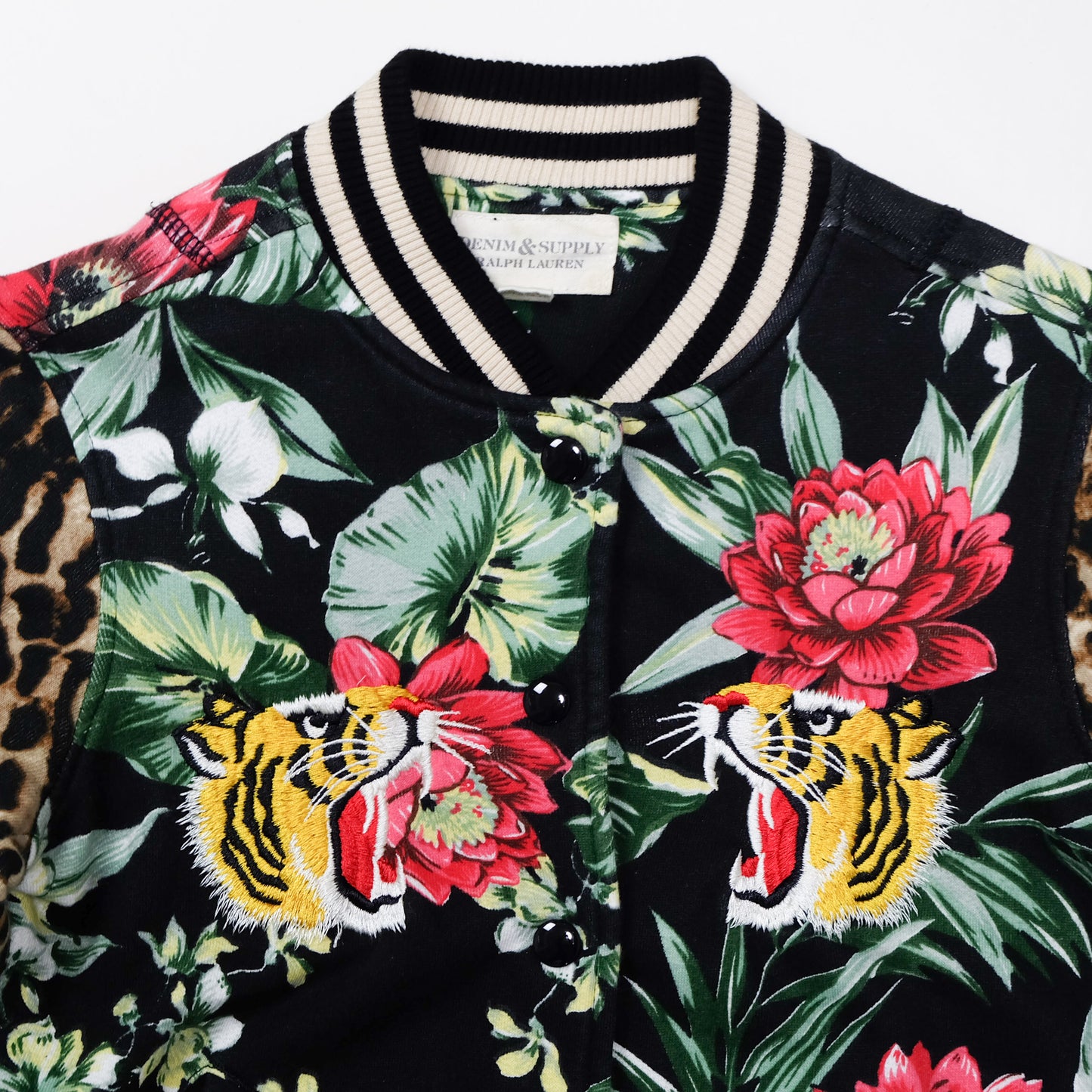 Denim & Supply Ralph Lauren Tiger Bomber Jacket XS Floral Leopard Embroidered Women’s Sukajan Style