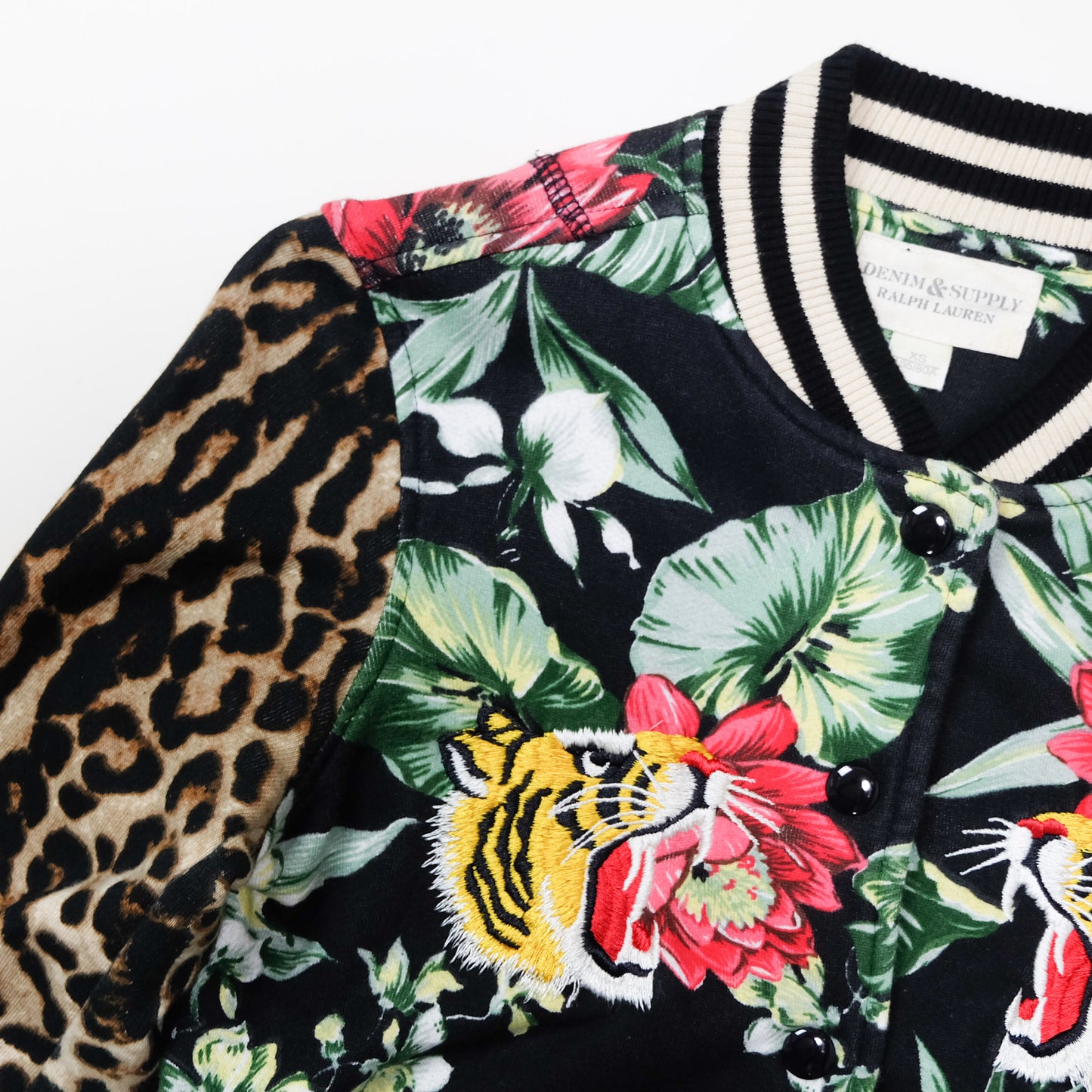 Denim & Supply Ralph Lauren Tiger Bomber Jacket XS Floral Leopard Embroidered Women’s Sukajan Style