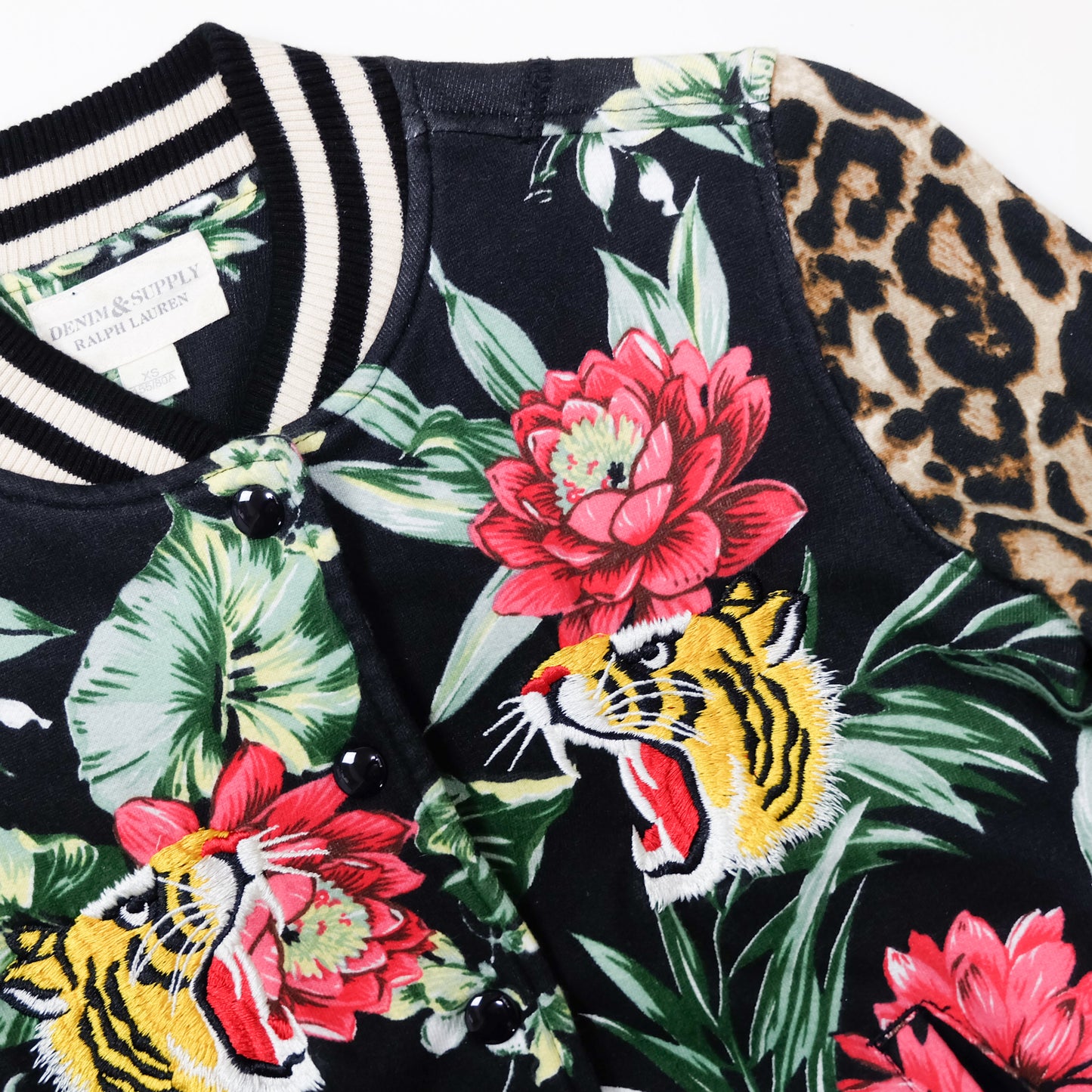 Denim & Supply Ralph Lauren Tiger Bomber Jacket XS Floral Leopard Embroidered Women’s Sukajan Style