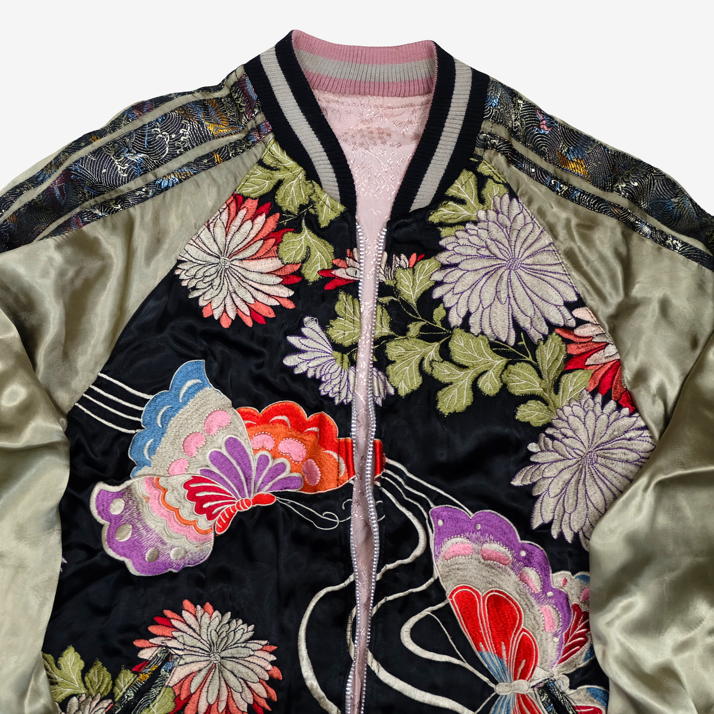 Script Hanatabi Gakudan Butterfly Chrysanthemum Sukajan M Reversible Japanese Souvenir Jacket SSJ-704
