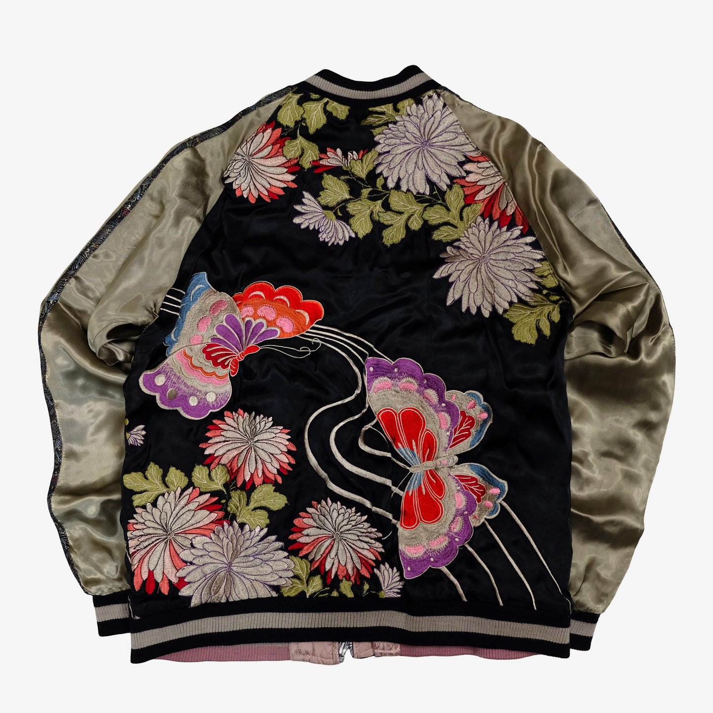 Script Hanatabi Gakudan Butterfly Chrysanthemum Sukajan M Reversible Japanese Souvenir Jacket SSJ-704