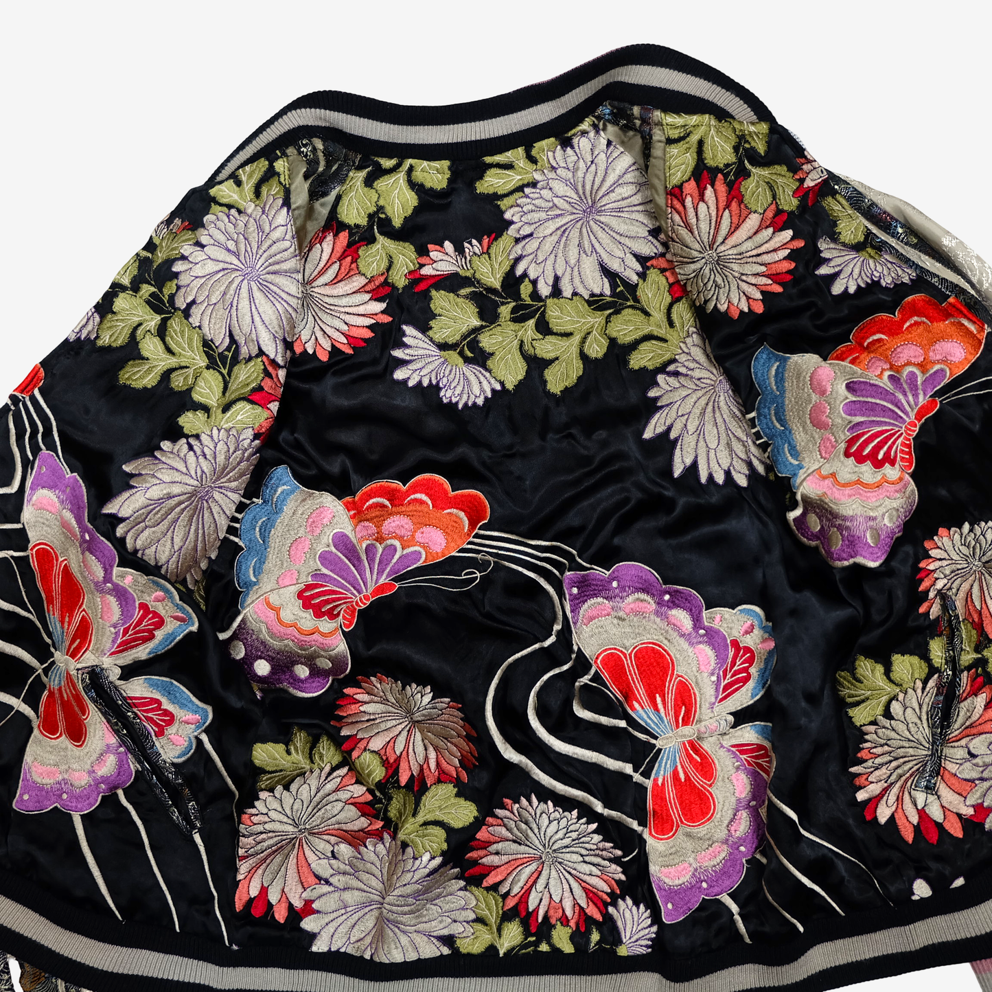 Script Hanatabi Gakudan Butterfly Chrysanthemum Sukajan M Reversible Japanese Souvenir Jacket SSJ-704