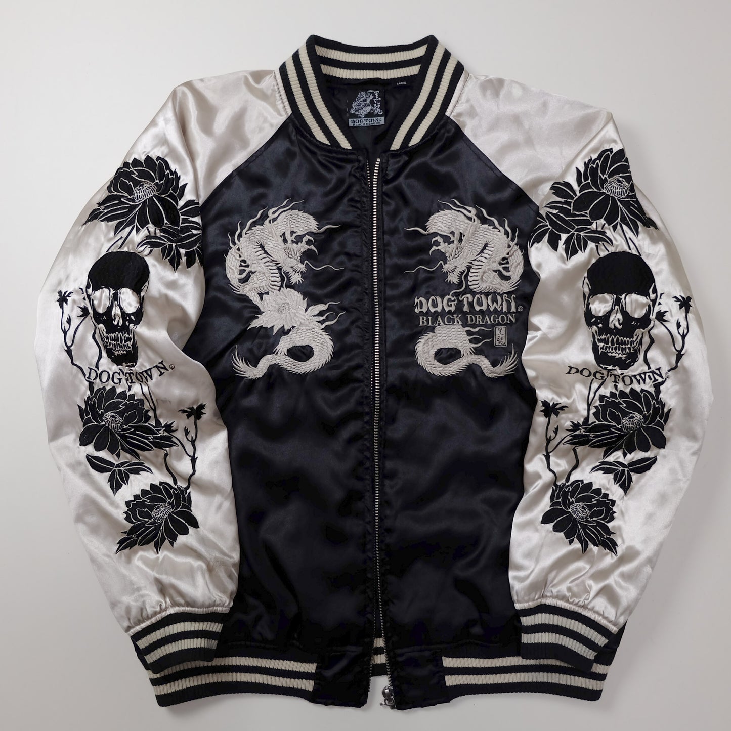 Vintage Dogtown Dog Town Black Dragon Sukajan Jacket Large Samurai Biker Dragon Skull Peony Embroidered Japanese Souvenir Bomber Y2K L