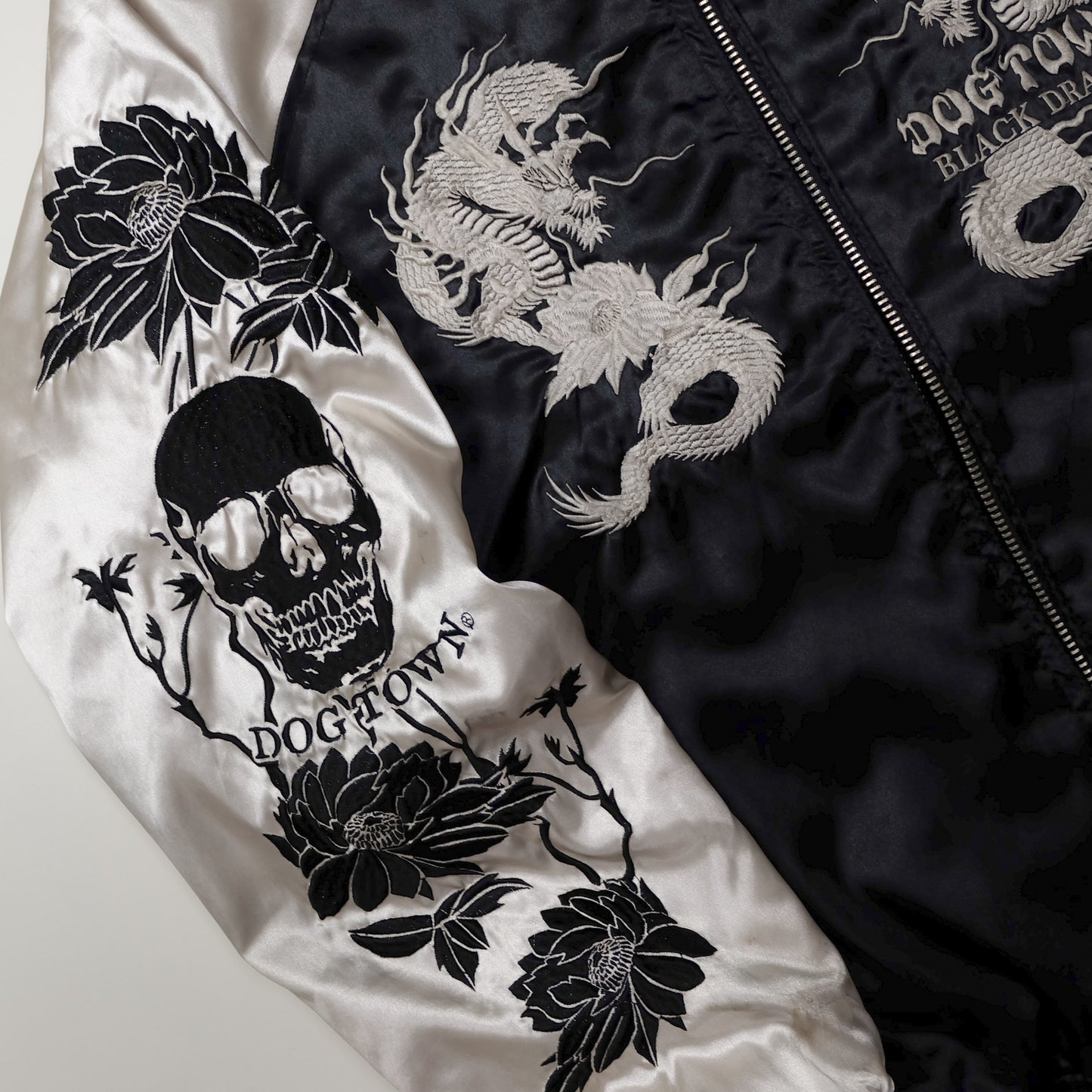 Vintage Dogtown Dog Town Black Dragon Sukajan Jacket Large Samurai Biker Dragon Skull Peony Embroidered Japanese Souvenir Bomber Y2K L