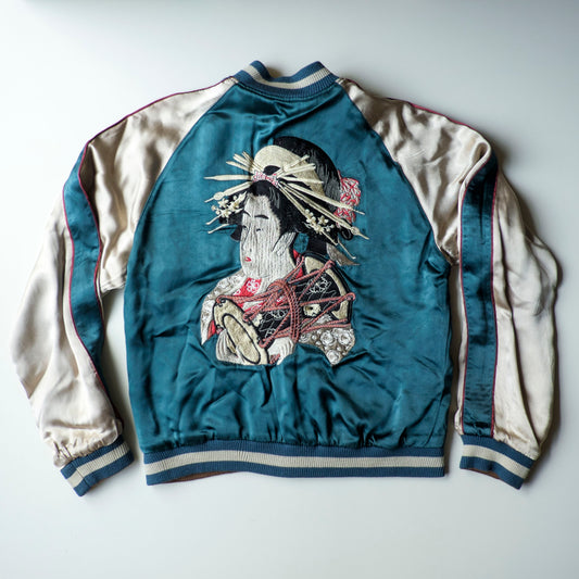 Vintage Japanese Japan Geisha Maiko Oiran Taiko Sharaku Ukiyoe Skull Red Black Embroidered Yokosuka Jumper Bomber Sukajan Souvenir Jacket S