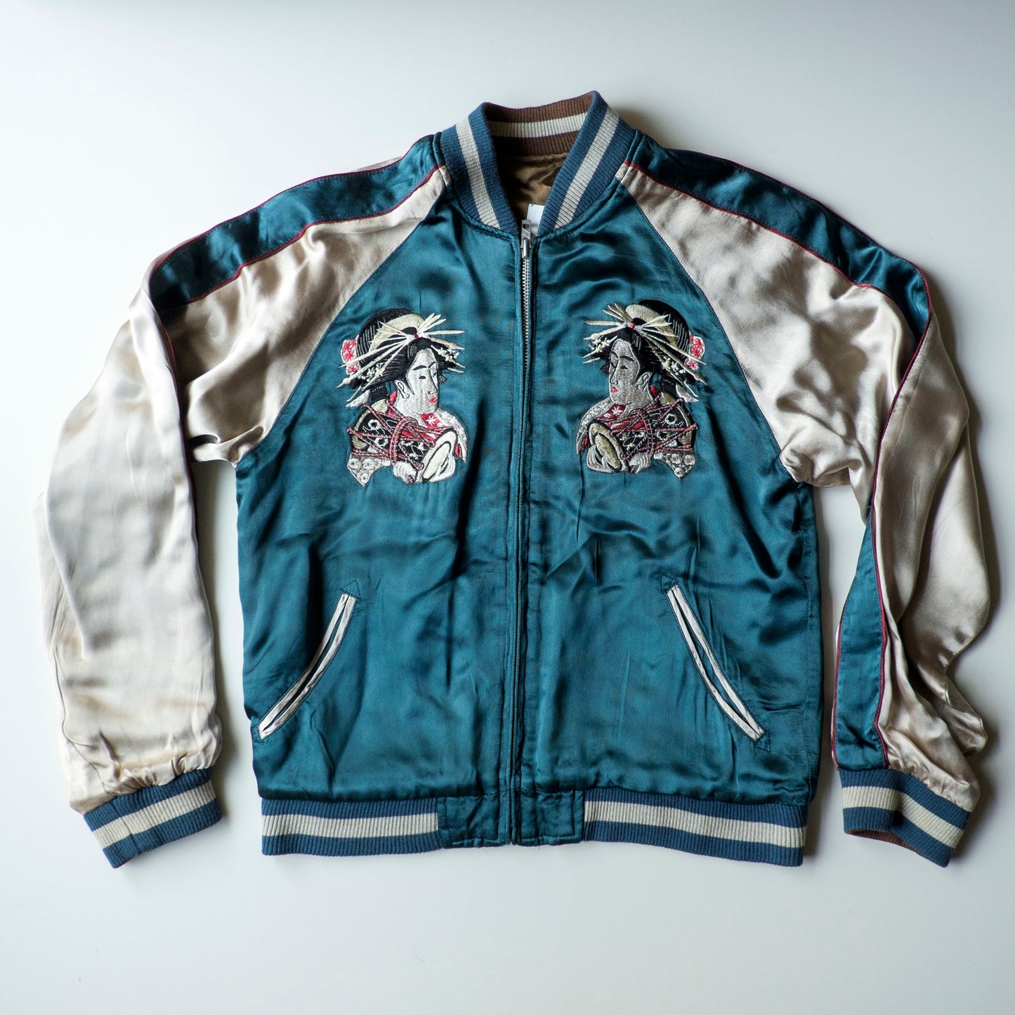 Vintage Japanese Japan Geisha Maiko Oiran Taiko Sharaku Ukiyoe Skull Red Black Embroidered Yokosuka Jumper Bomber Sukajan Souvenir Jacket S