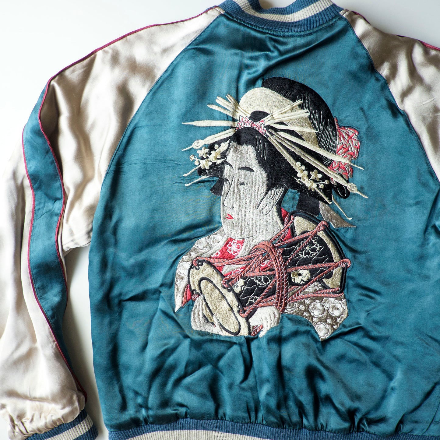 Vintage Japanese Japan Geisha Maiko Oiran Taiko Sharaku Ukiyoe Skull Red Black Embroidered Yokosuka Jumper Bomber Sukajan Souvenir Jacket S