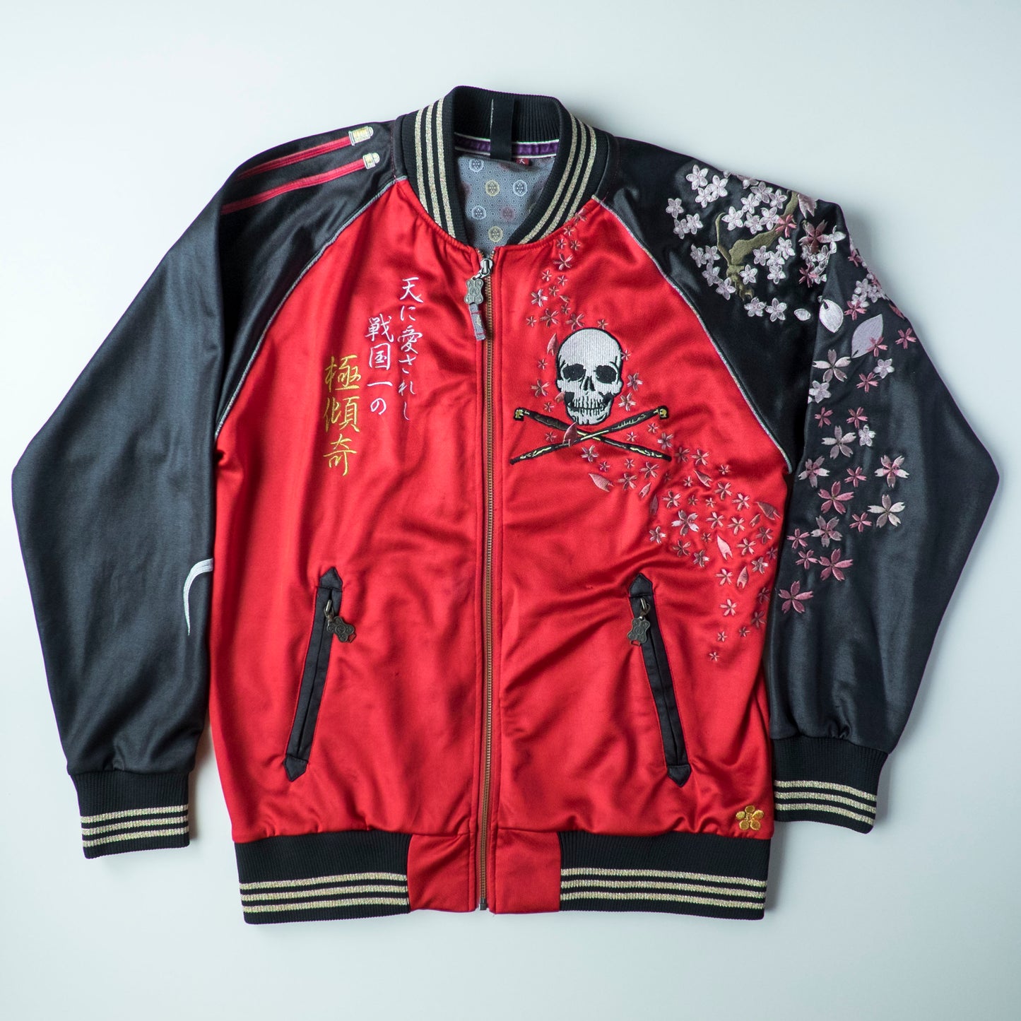 Vintage Japanese Japan Samurai Musha Sakura Cherry Blossoms Punk Rock Skull Red Embroidered Yokosuka Jumper Bomber Sukajan Souvenir Jacket