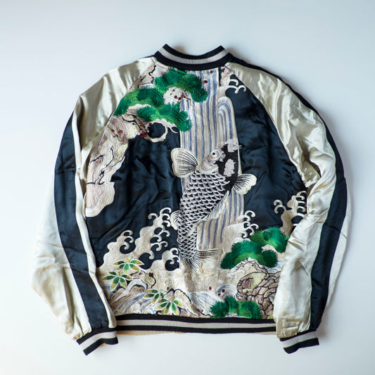 Vintage Japanese Koi Waterfall Sukajan Jacket Black Ivory Embroidered Wagara Yokosuka Souvenir Bomber