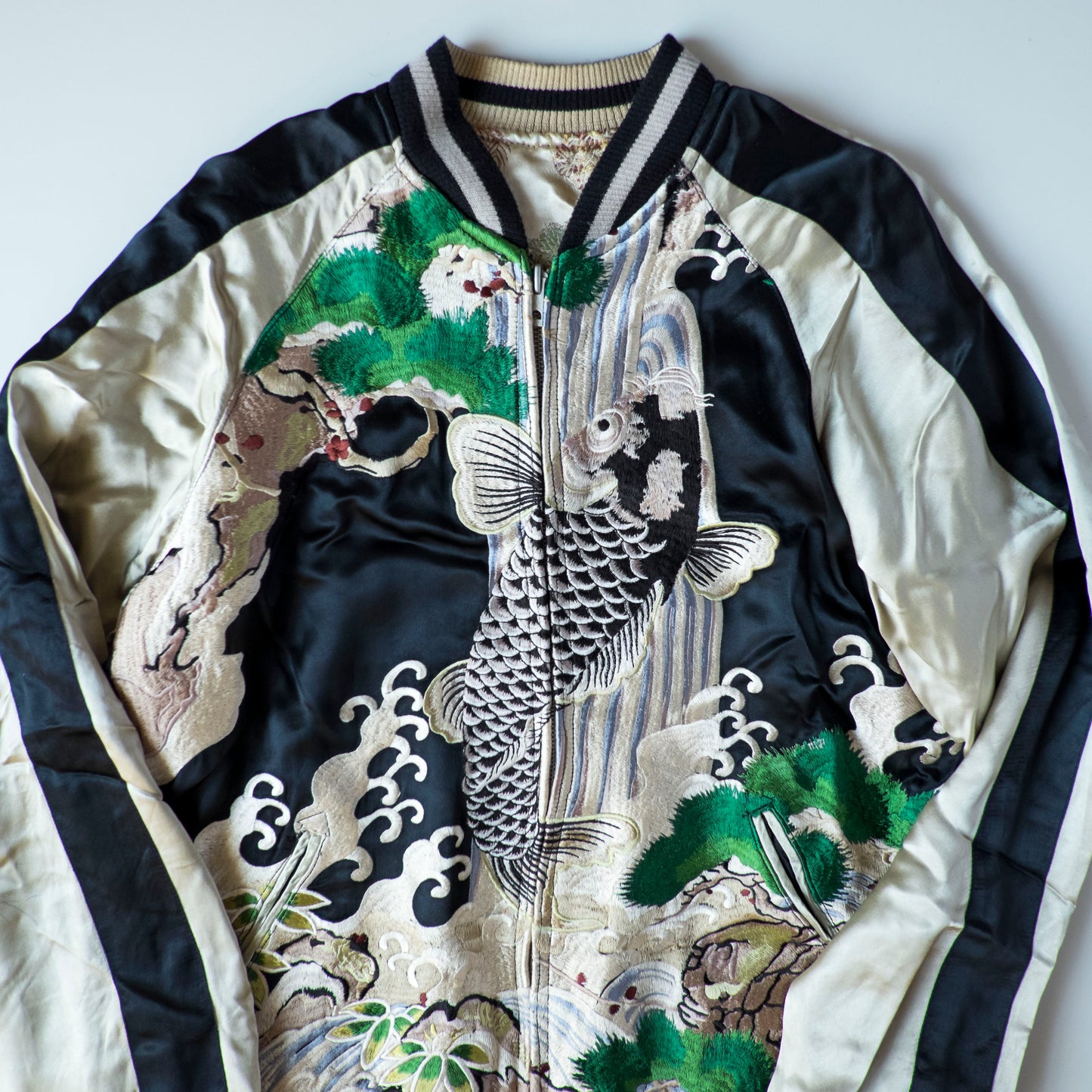 Vintage Japanese Koi Waterfall Sukajan Jacket Black Ivory Embroidered Wagara Yokosuka Souvenir Bomber