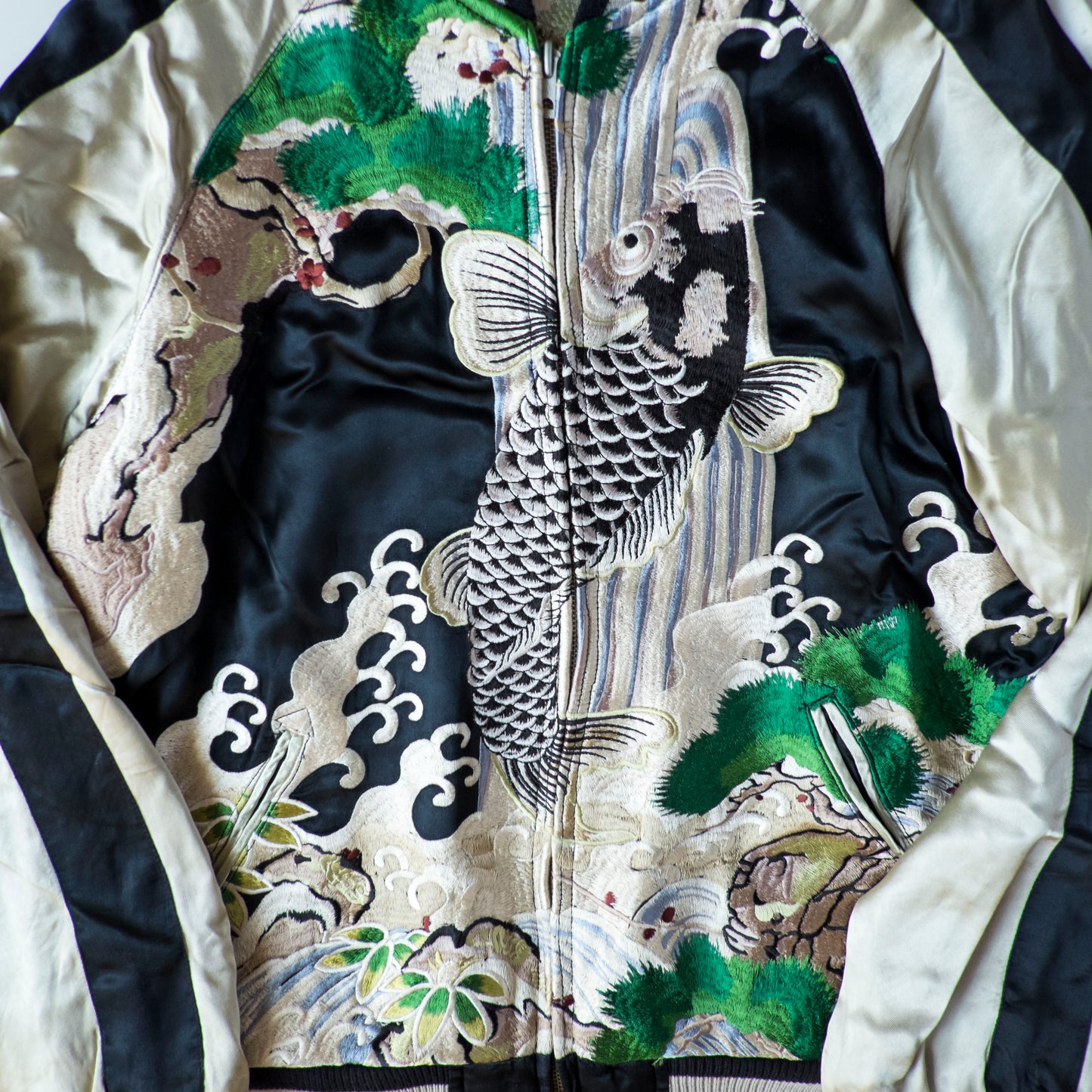 Vintage Japanese Koi Waterfall Sukajan Jacket Black Ivory Embroidered Wagara Yokosuka Souvenir Bomber