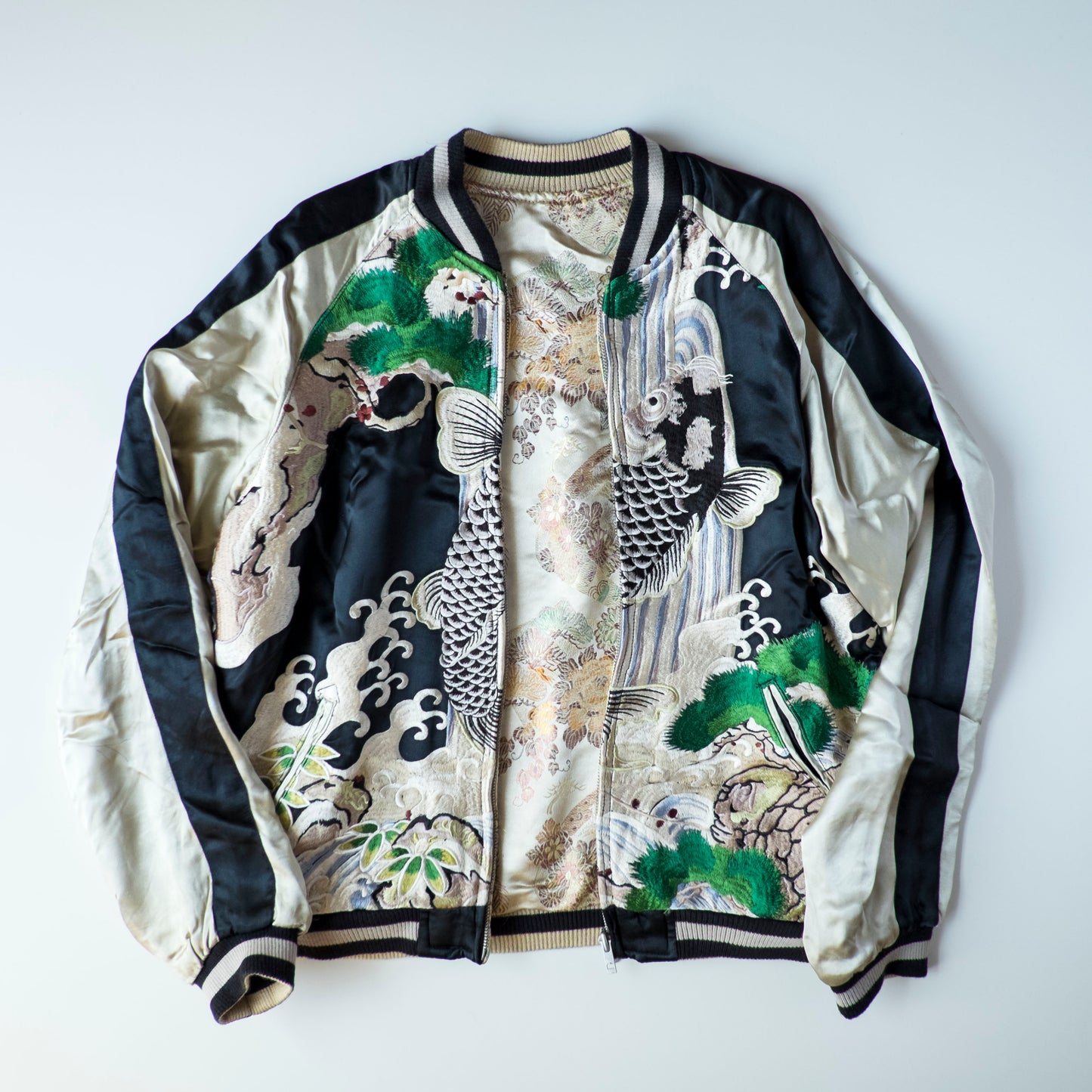 Vintage Japanese Koi Waterfall Sukajan Jacket Black Ivory Embroidered Wagara Yokosuka Souvenir Bomber