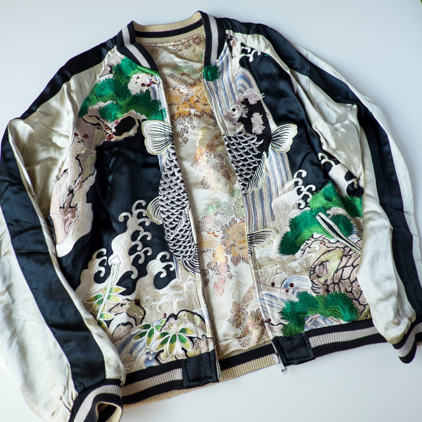 Vintage Japanese Koi Waterfall Sukajan Jacket Black Ivory Embroidered Wagara Yokosuka Souvenir Bomber