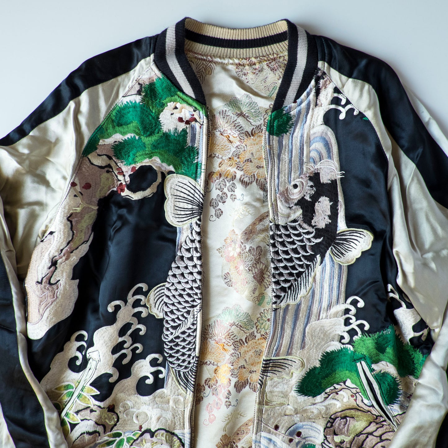 Vintage Japanese Koi Waterfall Sukajan Jacket Black Ivory Embroidered Wagara Yokosuka Souvenir Bomber