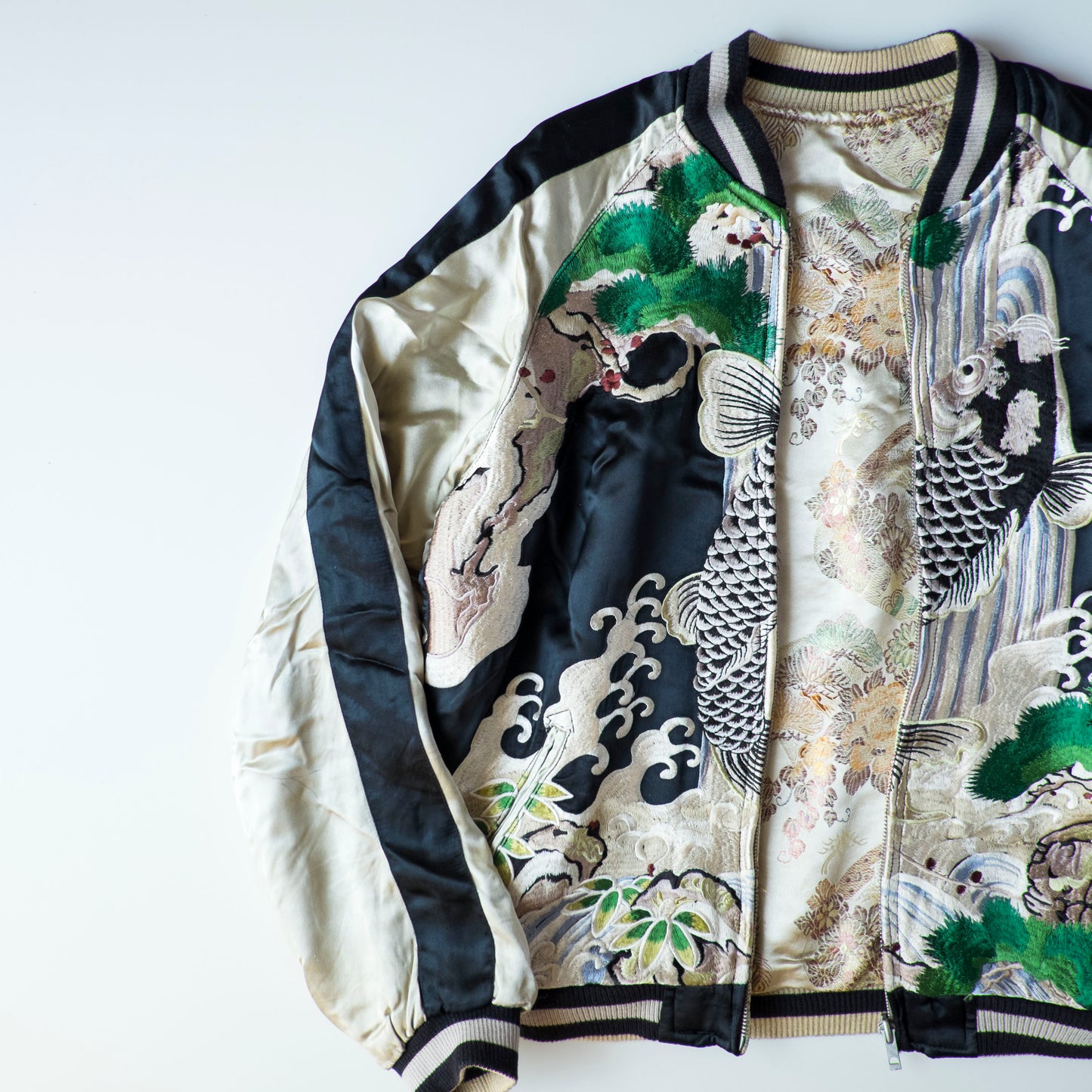 Vintage Japanese Koi Waterfall Sukajan Jacket Black Ivory Embroidered Wagara Yokosuka Souvenir Bomber