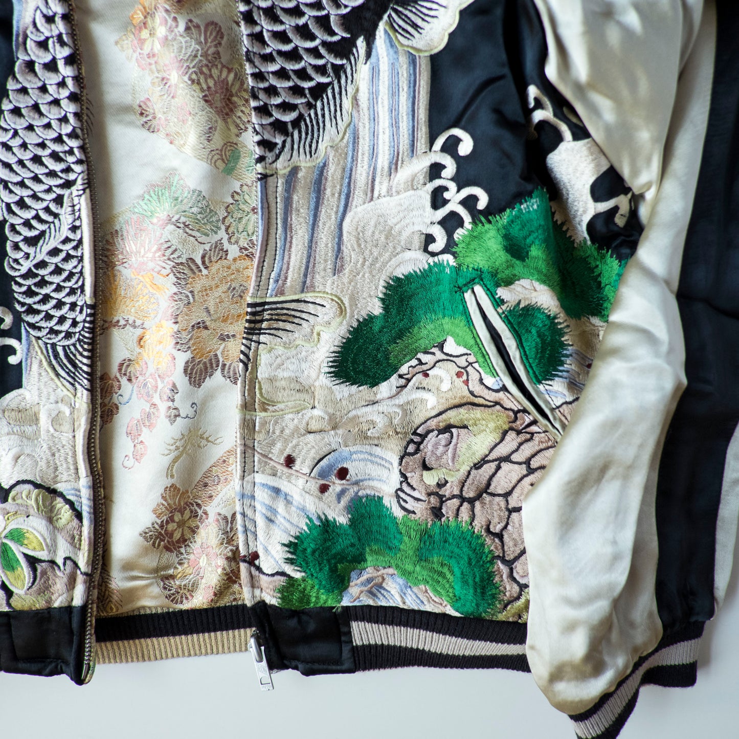 Vintage Japanese Koi Waterfall Sukajan Jacket Black Ivory Embroidered Wagara Yokosuka Souvenir Bomber