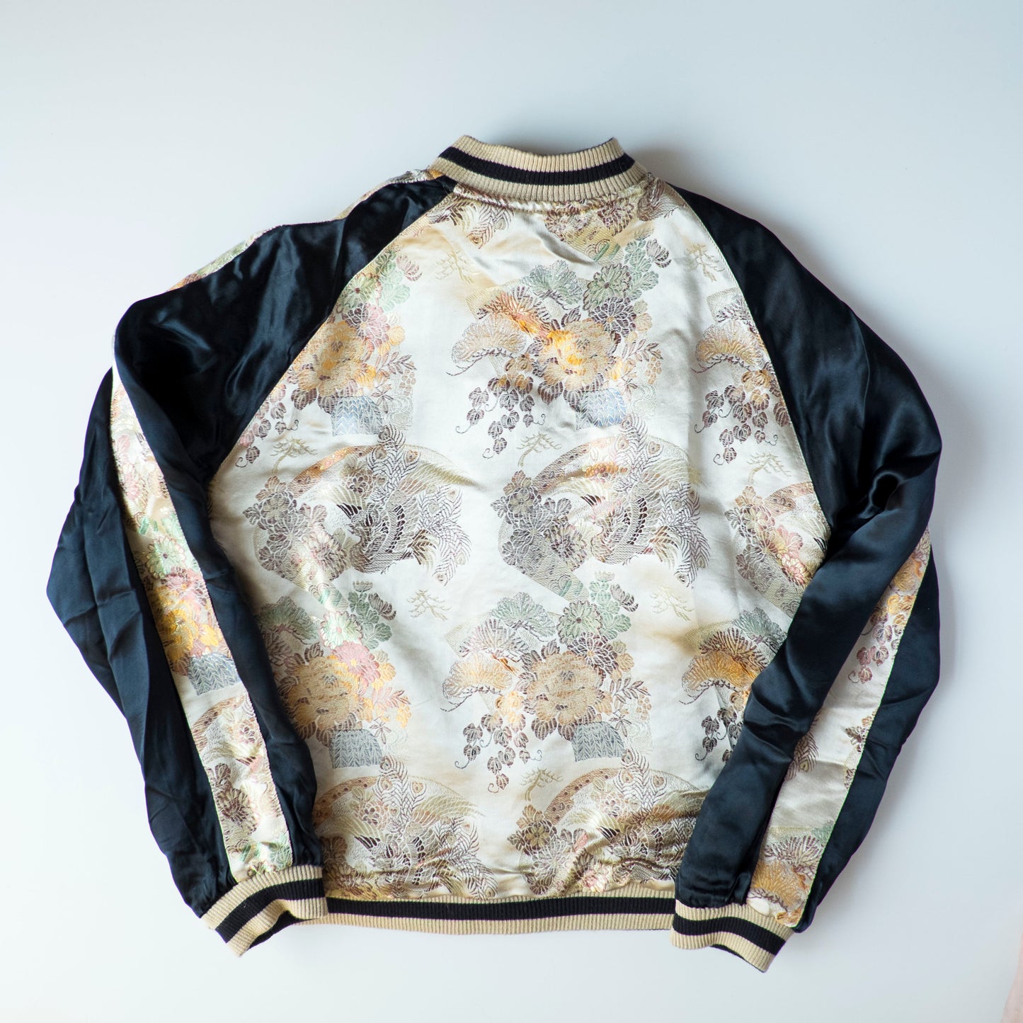 Vintage Japanese Koi Waterfall Sukajan Jacket Black Ivory Embroidered Wagara Yokosuka Souvenir Bomber