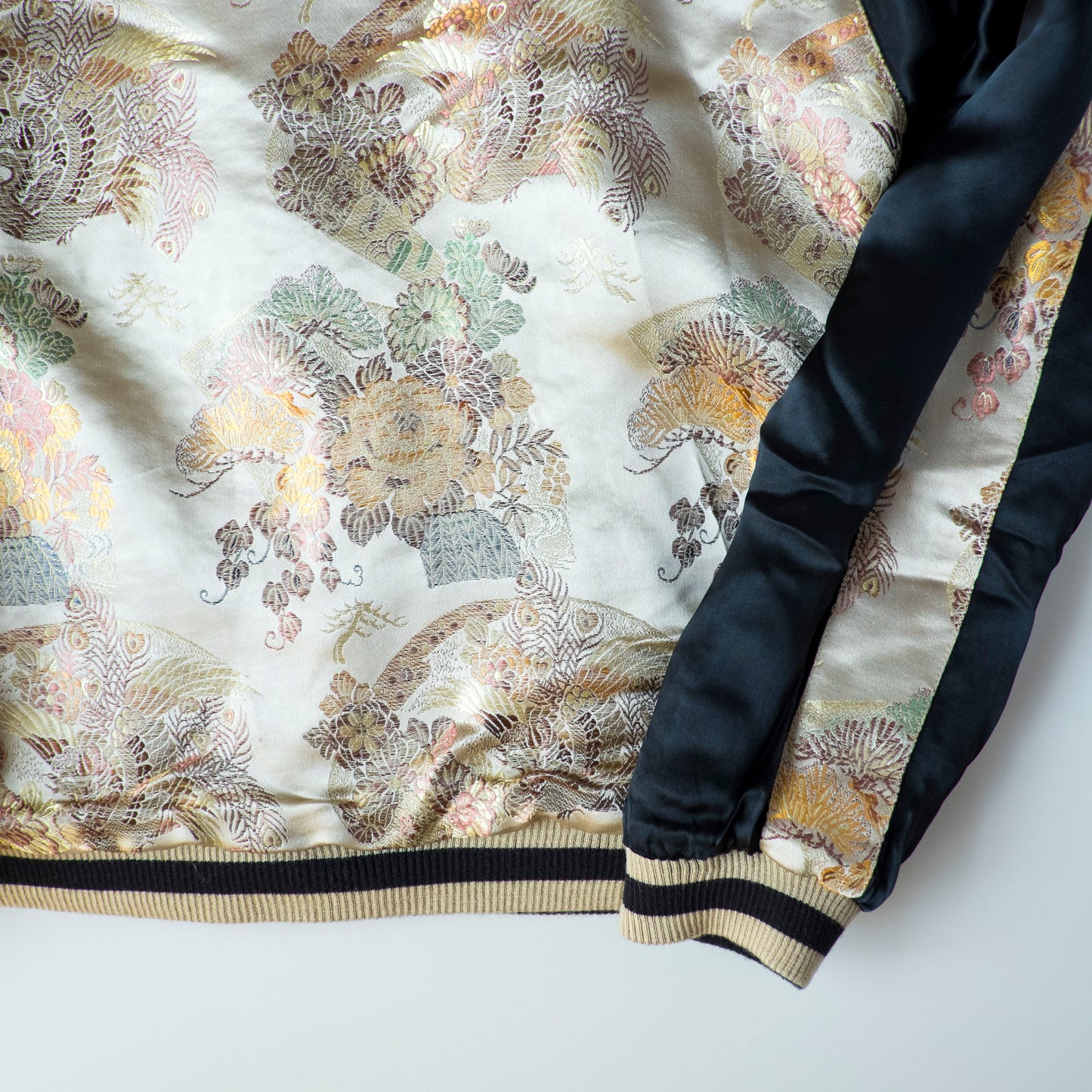 Vintage Japanese Koi Waterfall Sukajan Jacket Black Ivory Embroidered Wagara Yokosuka Souvenir Bomber