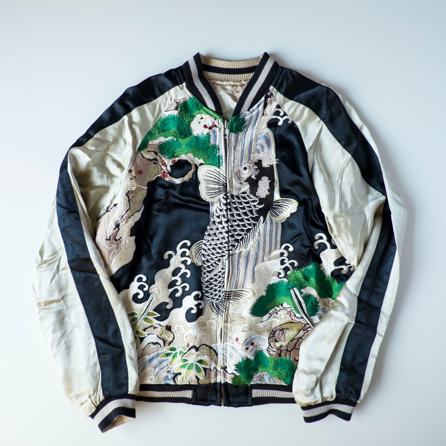 Vintage Japanese Koi Waterfall Sukajan Jacket Black Ivory Embroidered Wagara Yokosuka Souvenir Bomber