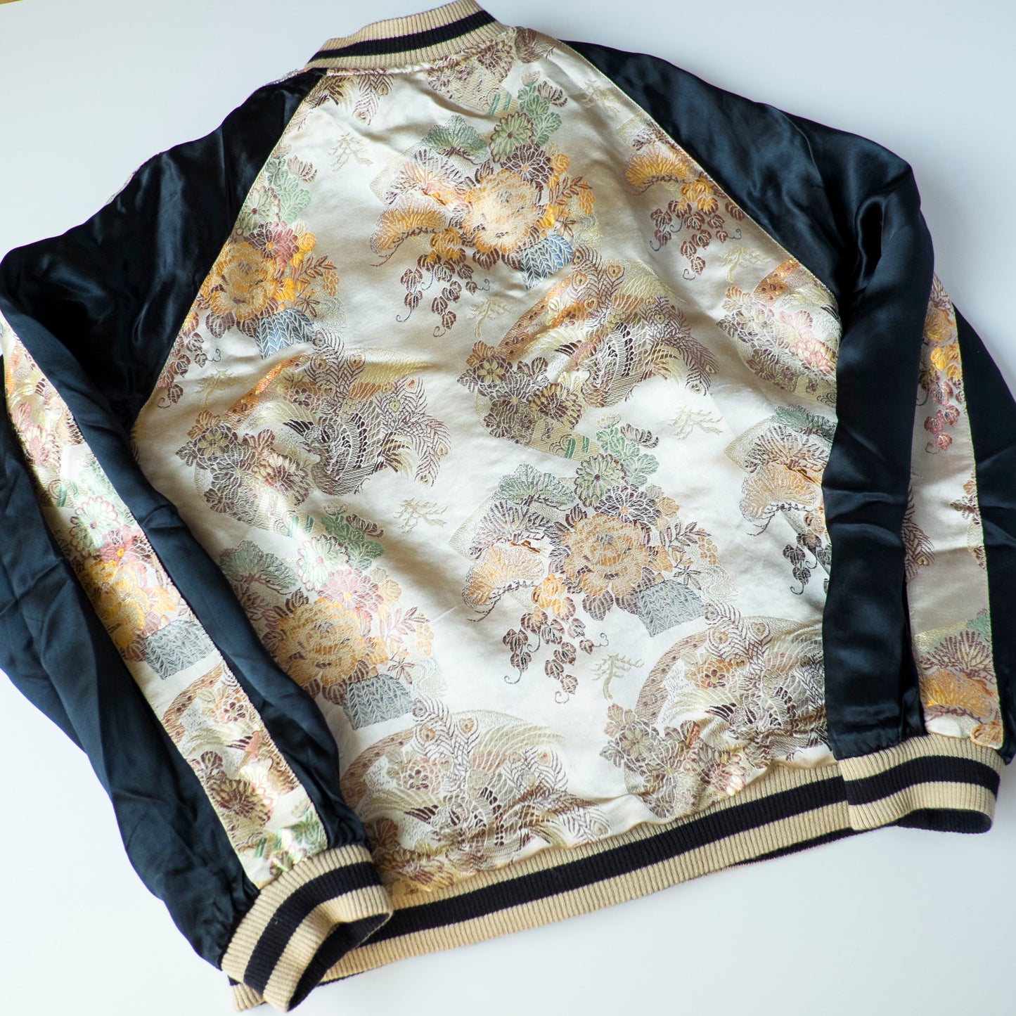 Vintage Japanese Koi Waterfall Sukajan Jacket Black Ivory Embroidered Wagara Yokosuka Souvenir Bomber