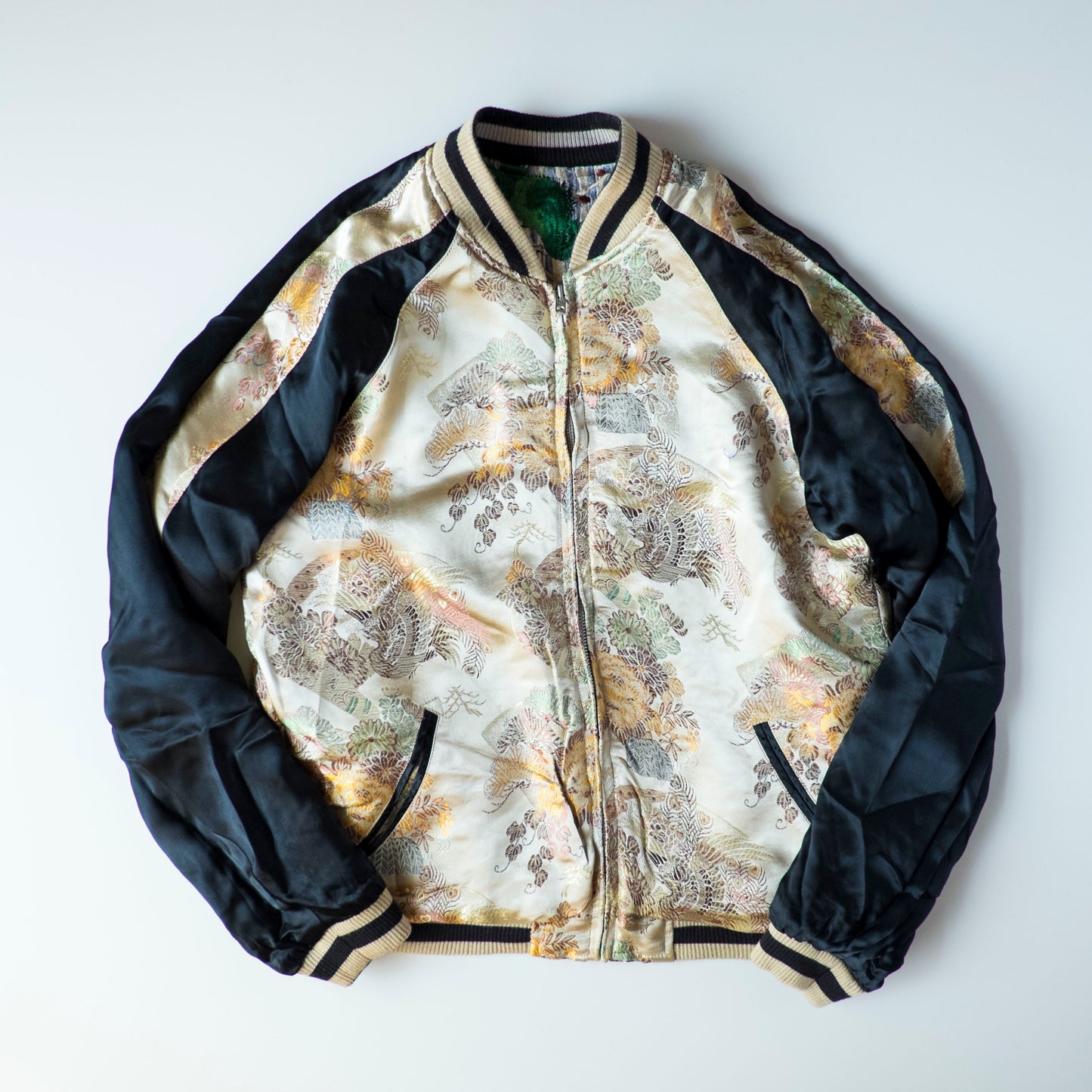 Vintage Japanese Koi Waterfall Sukajan Jacket Black Ivory Embroidered Wagara Yokosuka Souvenir Bomber