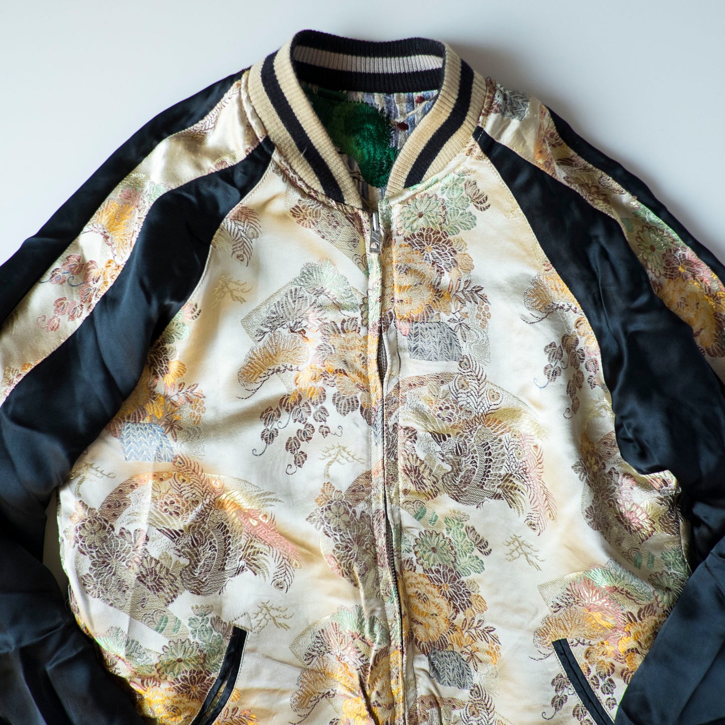 Vintage Japanese Koi Waterfall Sukajan Jacket Black Ivory Embroidered Wagara Yokosuka Souvenir Bomber
