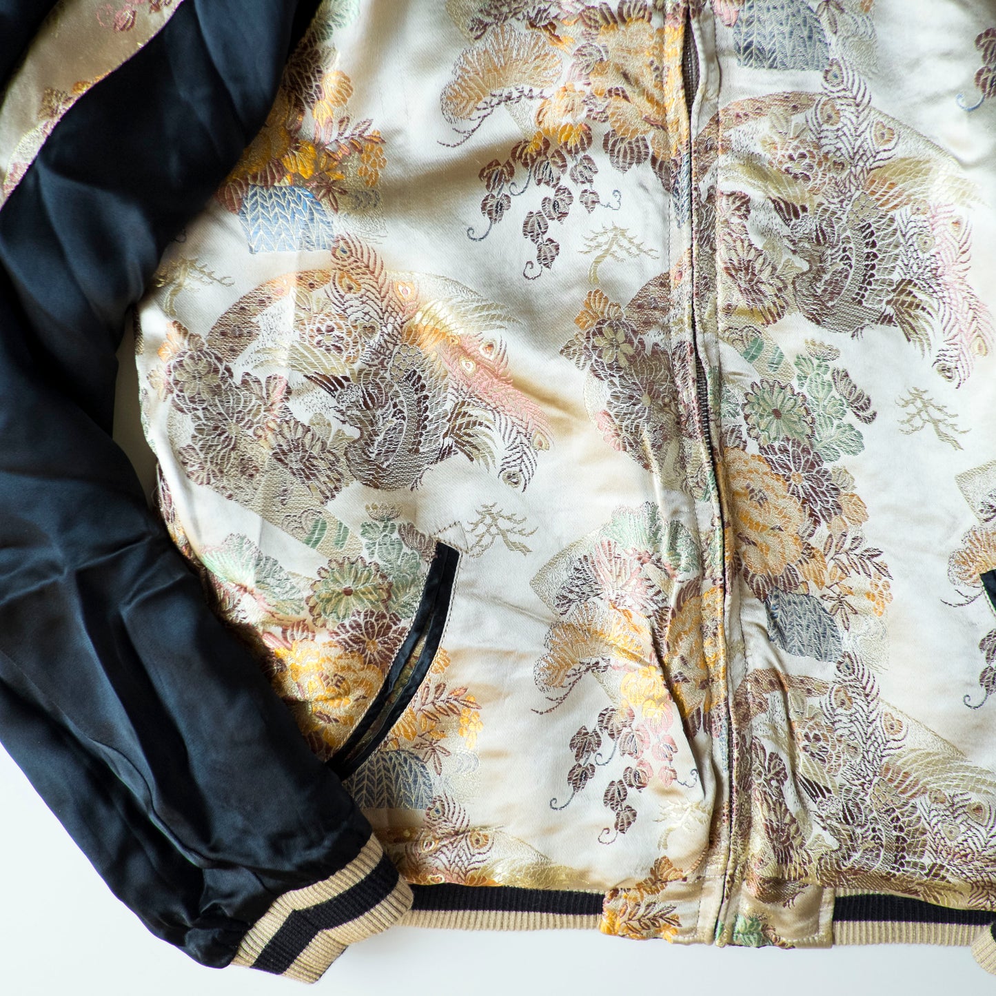 Vintage Japanese Koi Waterfall Sukajan Jacket Black Ivory Embroidered Wagara Yokosuka Souvenir Bomber