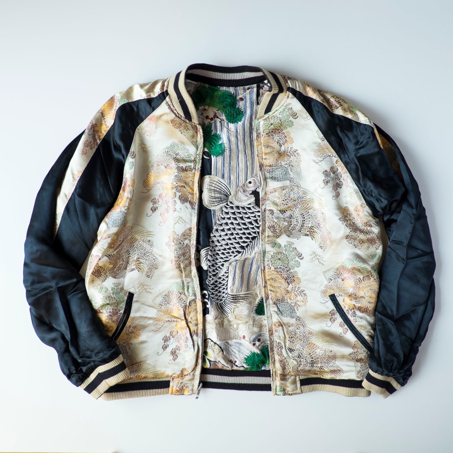 Vintage Japanese Koi Waterfall Sukajan Jacket Black Ivory Embroidered Wagara Yokosuka Souvenir Bomber