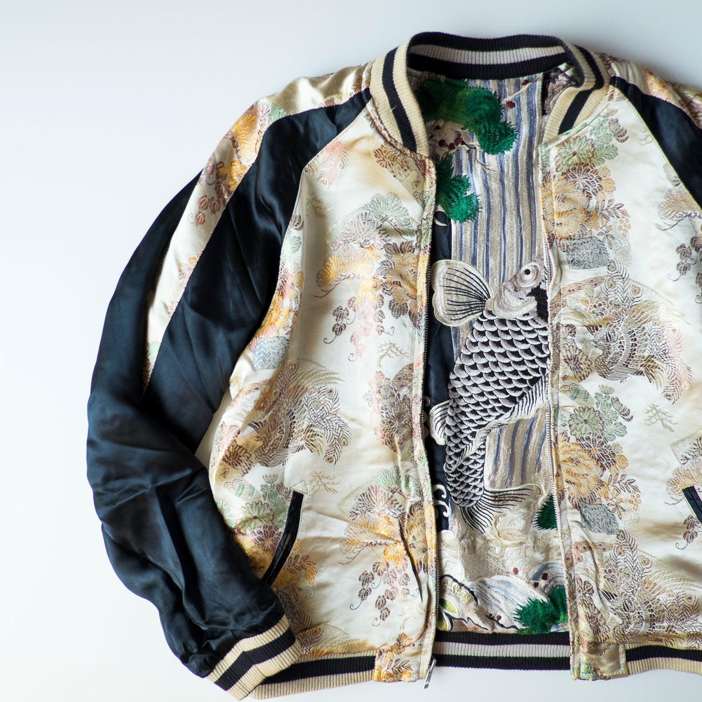 Vintage Japanese Koi Waterfall Sukajan Jacket Black Ivory Embroidered Wagara Yokosuka Souvenir Bomber