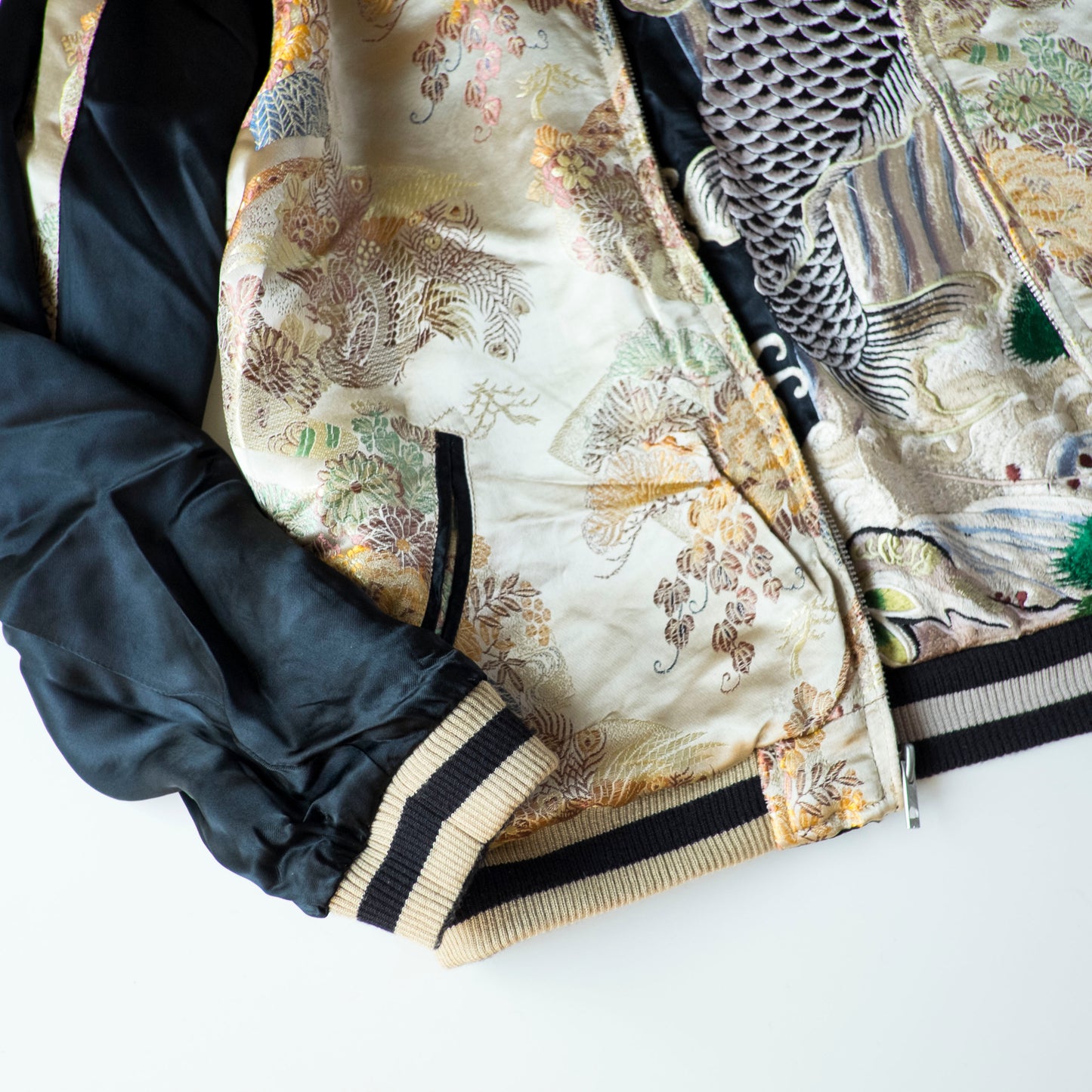 Vintage Japanese Koi Waterfall Sukajan Jacket Black Ivory Embroidered Wagara Yokosuka Souvenir Bomber