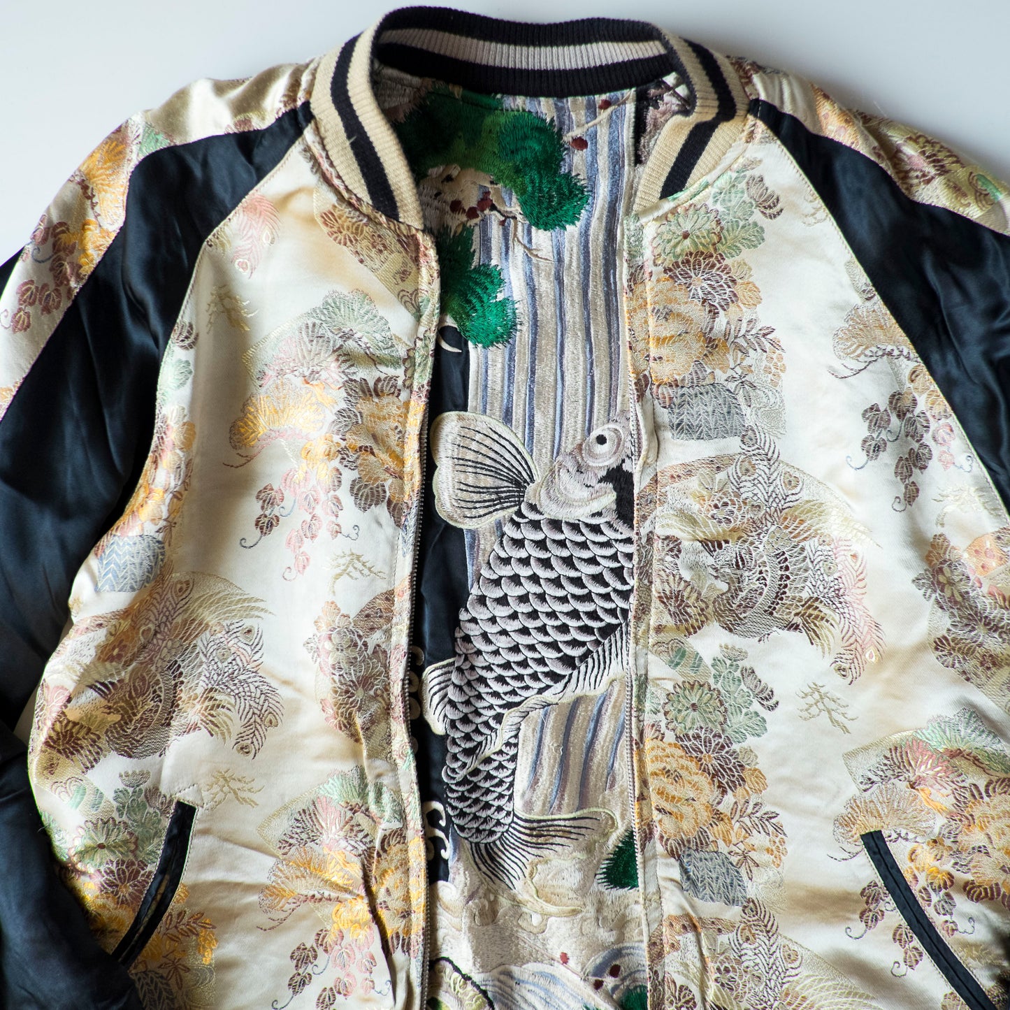 Vintage Japanese Koi Waterfall Sukajan Jacket Black Ivory Embroidered Wagara Yokosuka Souvenir Bomber