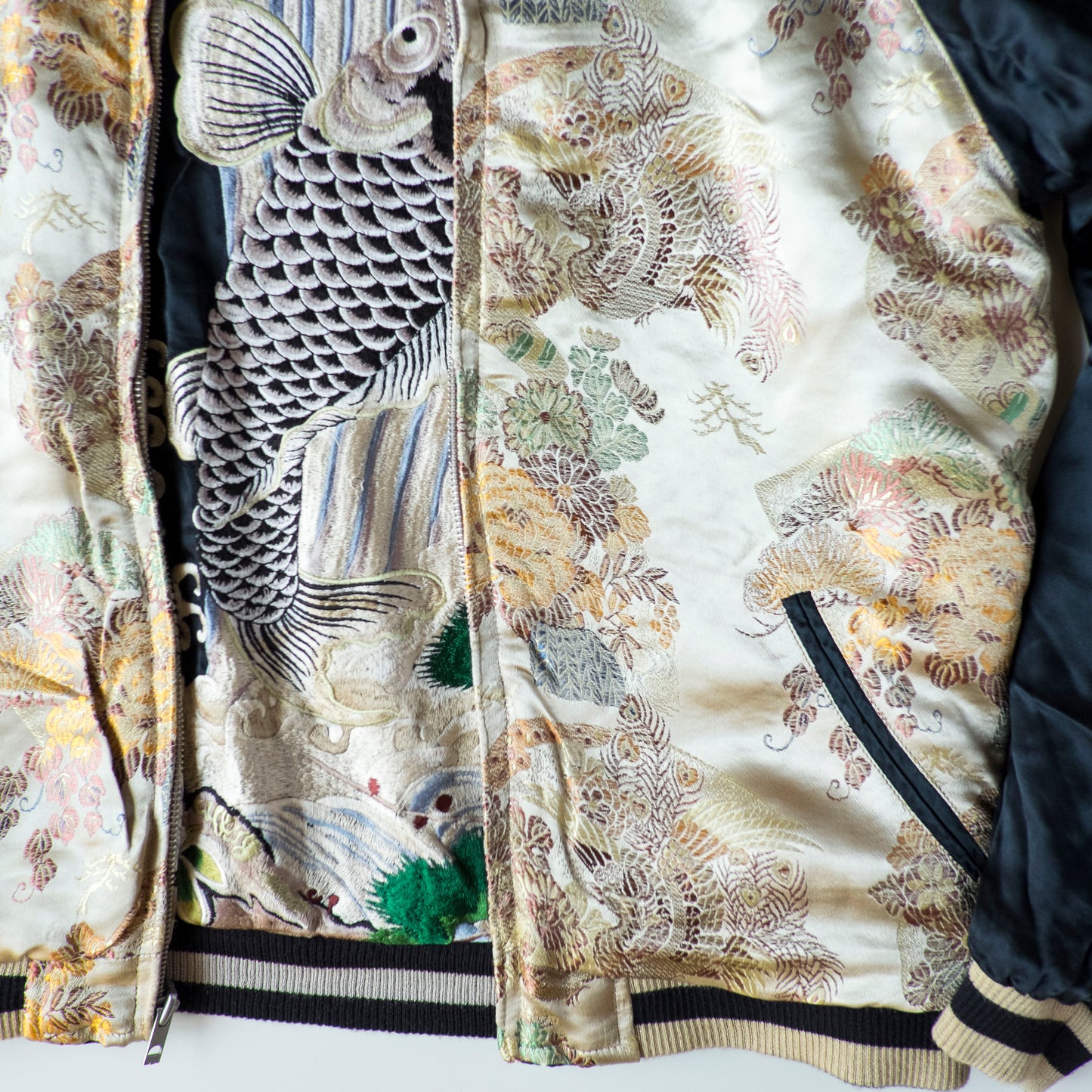 Vintage Japanese Koi Waterfall Sukajan Jacket Black Ivory Embroidered Wagara Yokosuka Souvenir Bomber