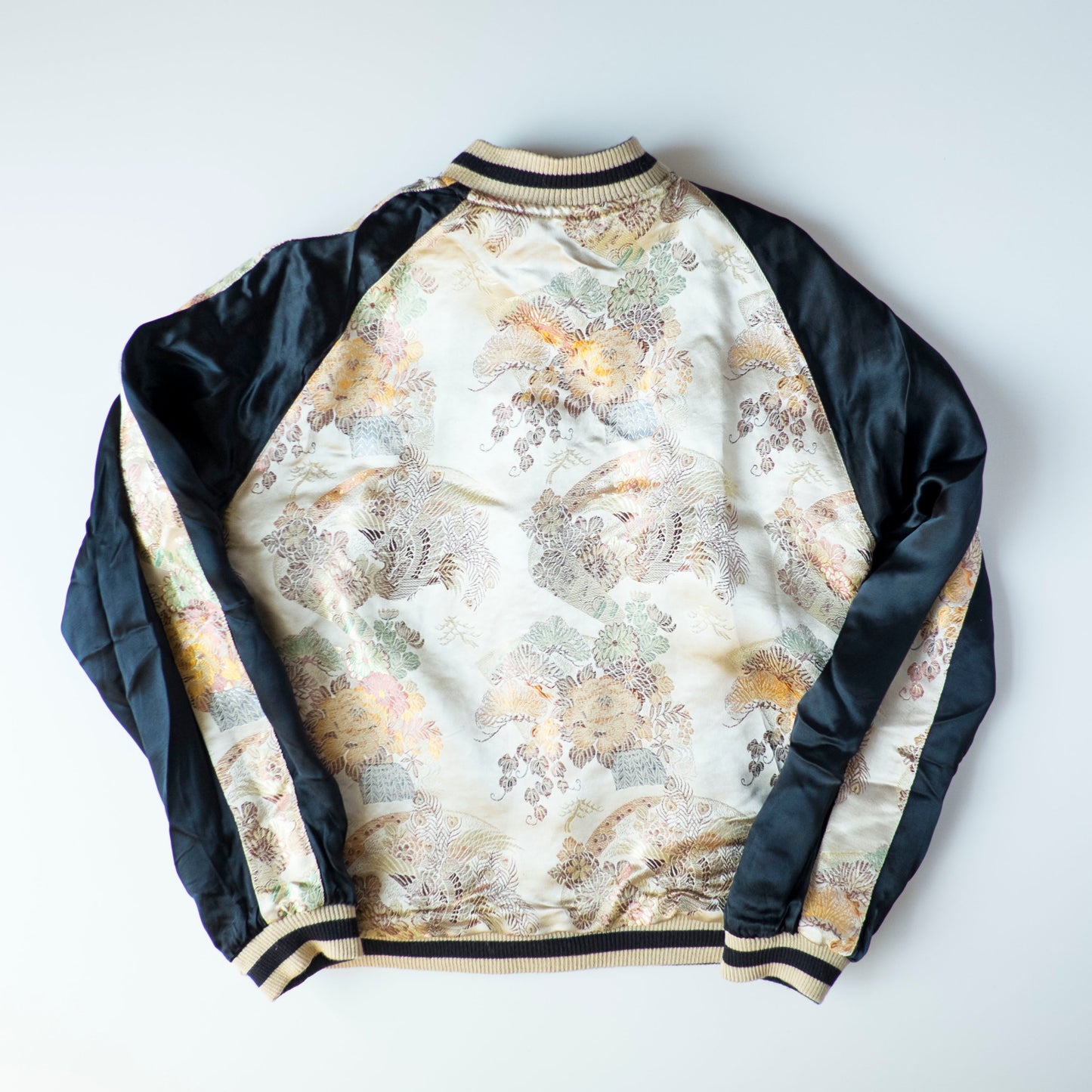 Vintage Japanese Koi Waterfall Sukajan Jacket Black Ivory Embroidered Wagara Yokosuka Souvenir Bomber