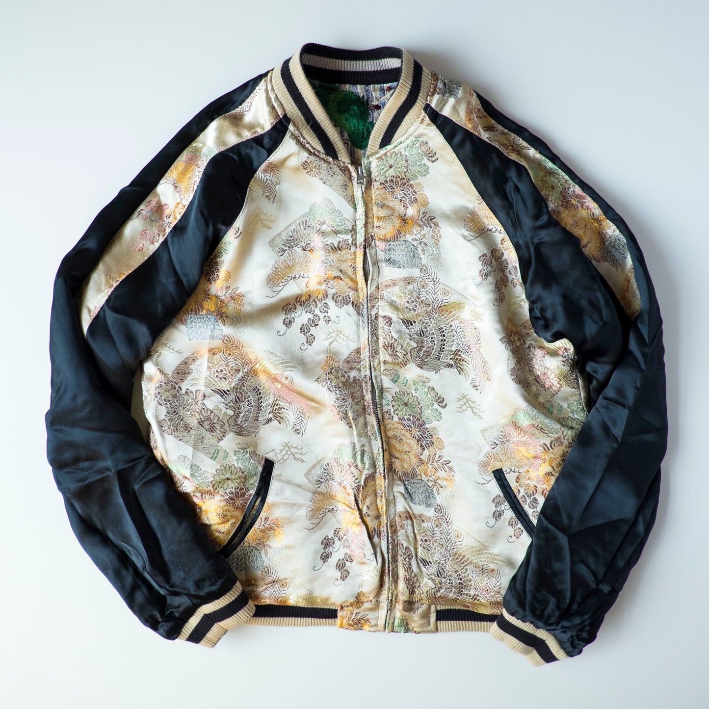 Vintage Japanese Koi Waterfall Sukajan Jacket Black Ivory Embroidered Wagara Yokosuka Souvenir Bomber
