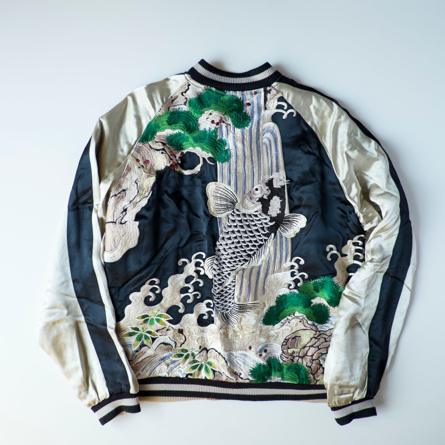 Vintage Japanese Koi Waterfall Sukajan Jacket Black Ivory Embroidered Wagara Yokosuka Souvenir Bomber