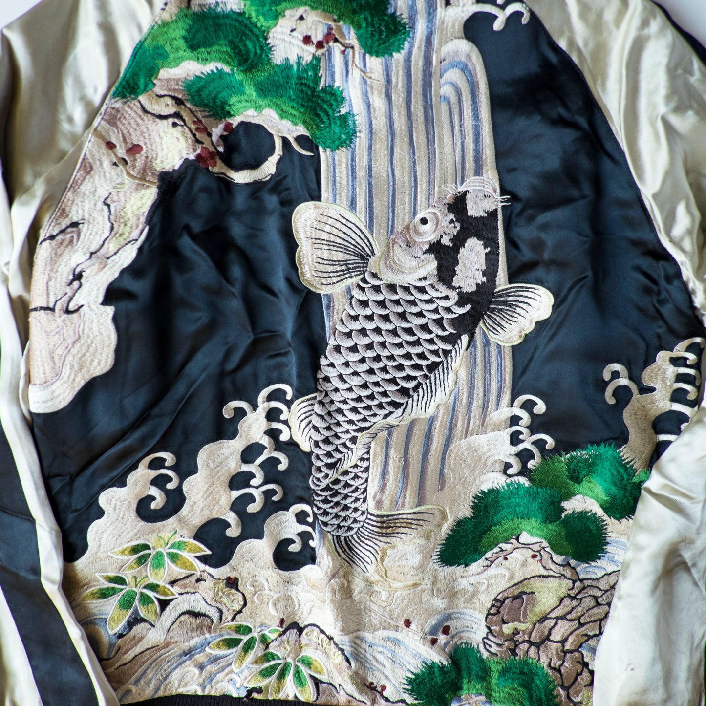 Vintage Japanese Koi Waterfall Sukajan Jacket Black Ivory Embroidered Wagara Yokosuka Souvenir Bomber