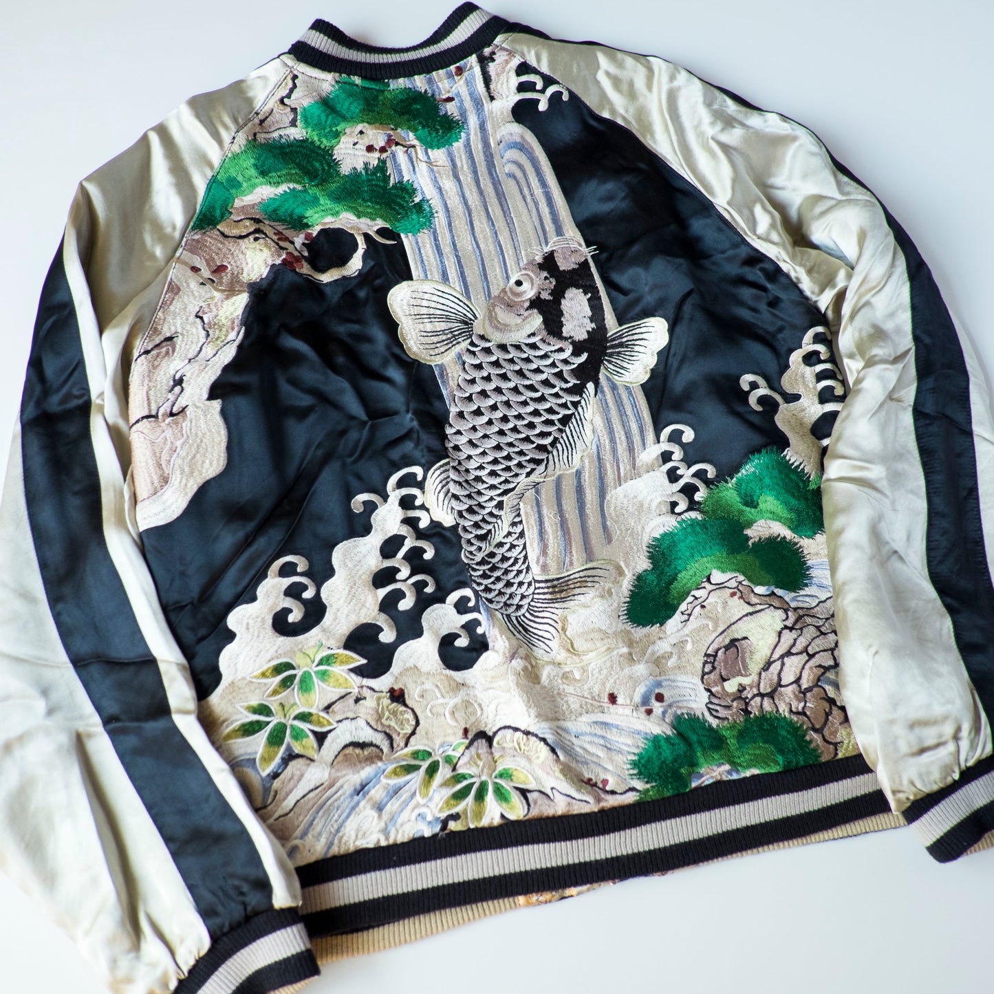 Vintage Japanese Koi Waterfall Sukajan Jacket Black Ivory Embroidered Wagara Yokosuka Souvenir Bomber