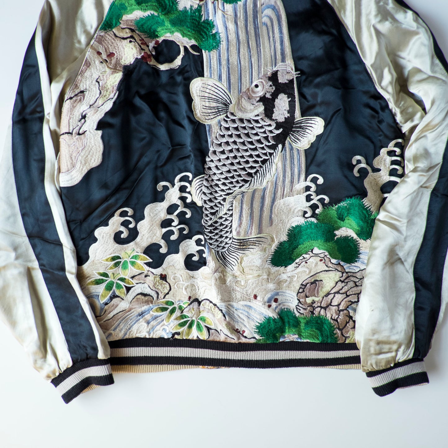 Vintage Japanese Koi Waterfall Sukajan Jacket Black Ivory Embroidered Wagara Yokosuka Souvenir Bomber