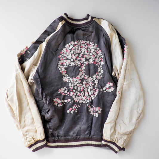 Vintage Punk Rock Dokuro Sakura Sukajan Jacket M, Japanese Skull Cherry Blossom Embroidery Souvenir Bomber Jacket