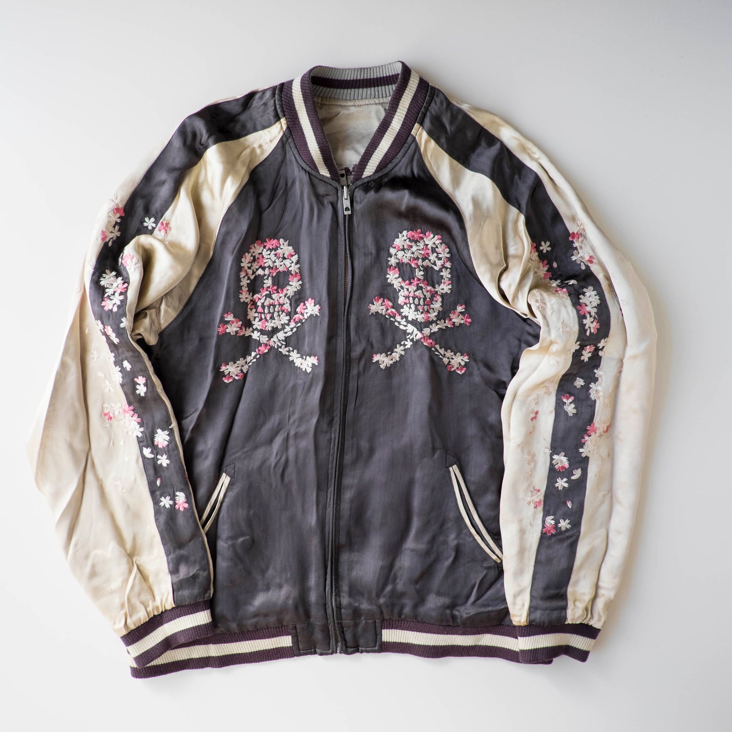 Vintage Punk Rock Dokuro Sakura Sukajan Jacket M, Japanese Skull Cherry Blossom Embroidery Souvenir Bomber Jacket