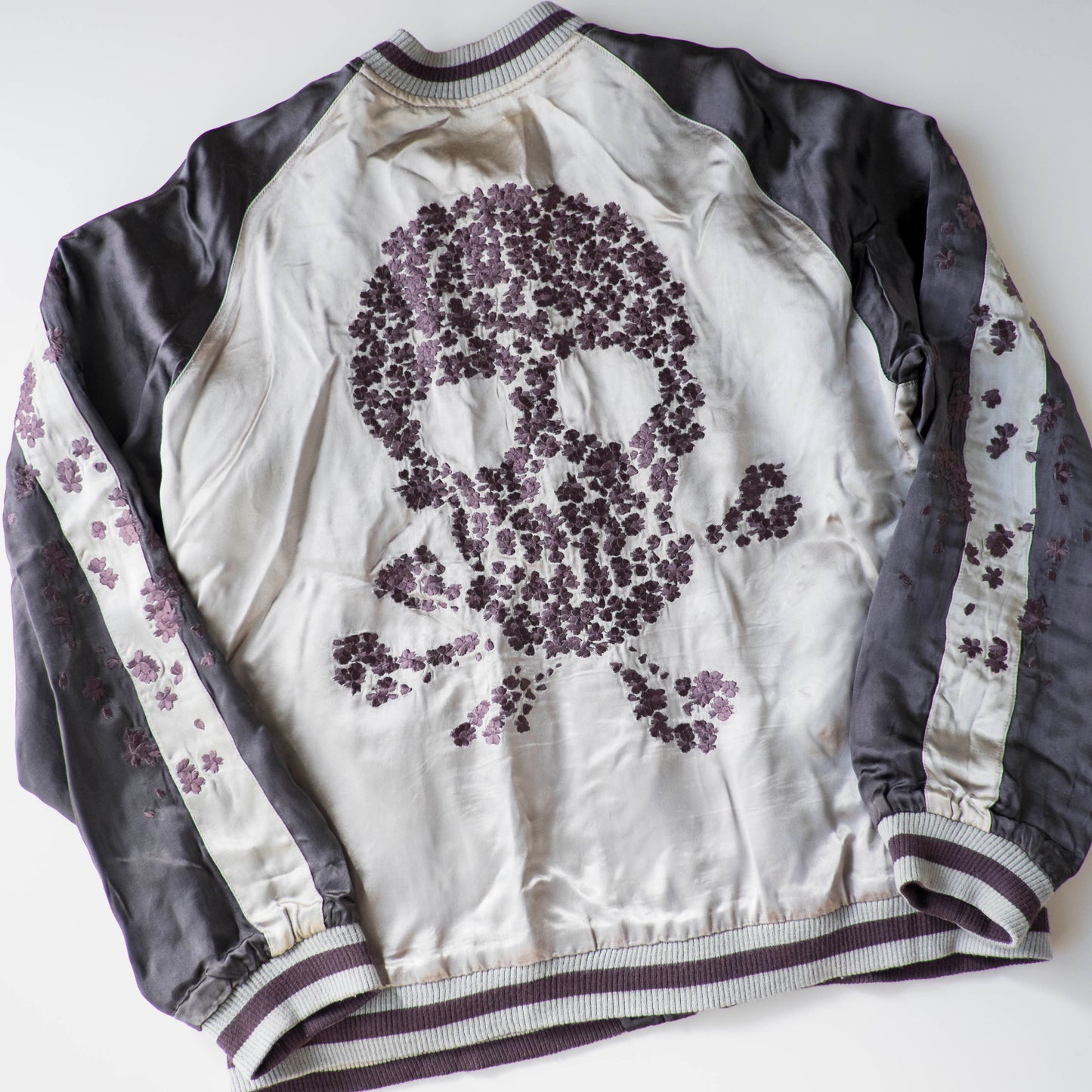 Vintage Punk Rock Dokuro Sakura Sukajan Jacket M, Japanese Skull Cherry Blossom Embroidery Souvenir Bomber Jacket