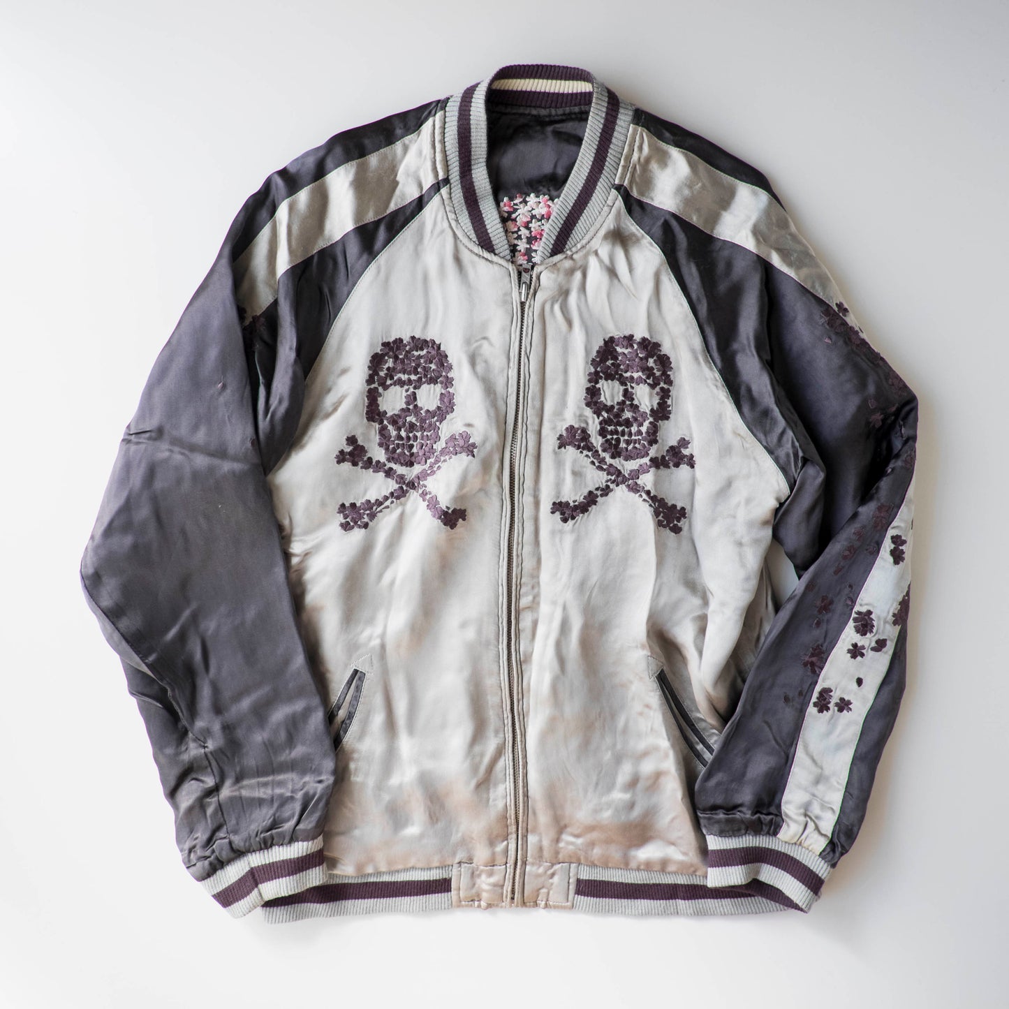 Vintage Punk Rock Dokuro Sakura Sukajan Jacket M, Japanese Skull Cherry Blossom Embroidery Souvenir Bomber Jacket