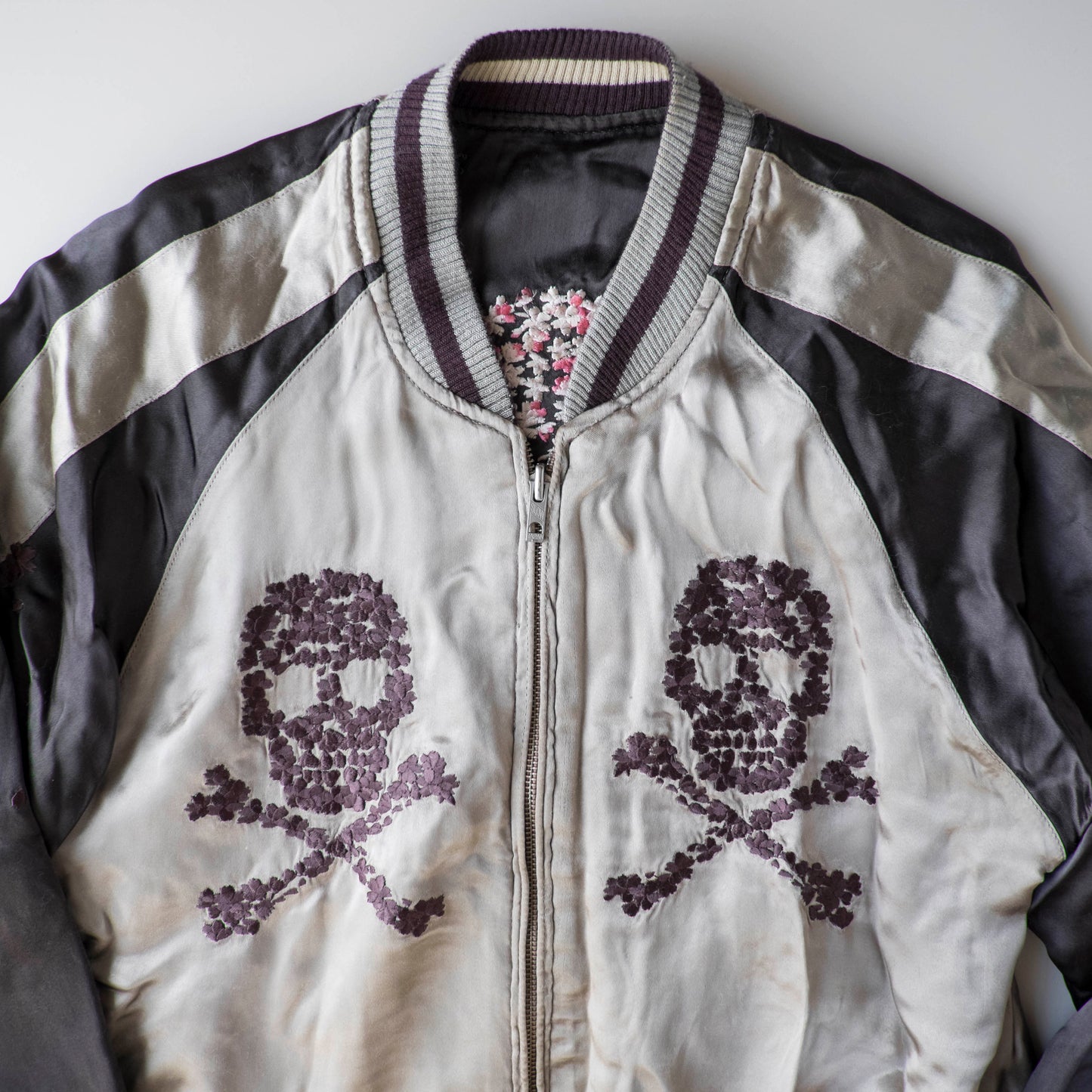 Vintage Punk Rock Dokuro Sakura Sukajan Jacket M, Japanese Skull Cherry Blossom Embroidery Souvenir Bomber Jacket