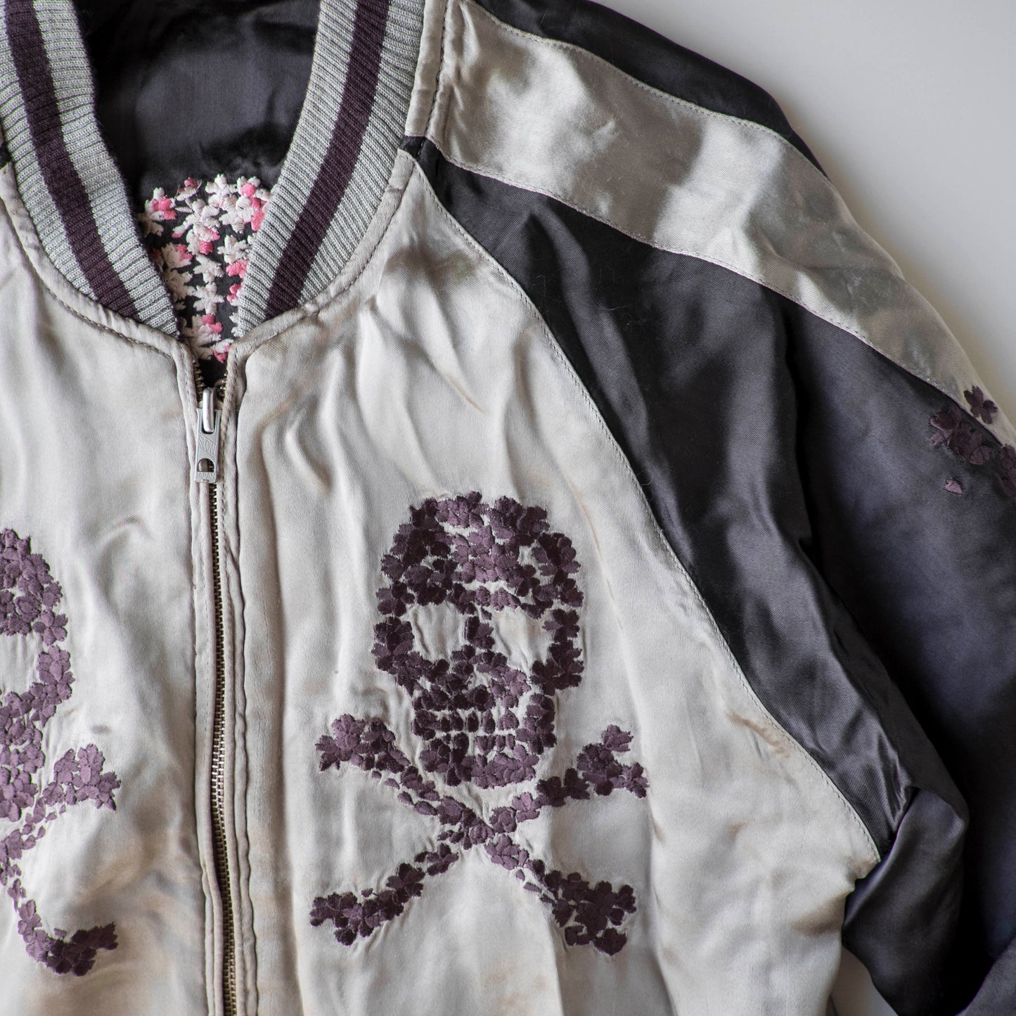 Vintage Punk Rock Dokuro Sakura Sukajan Jacket M, Japanese Skull Cherry Blossom Embroidery Souvenir Bomber Jacket