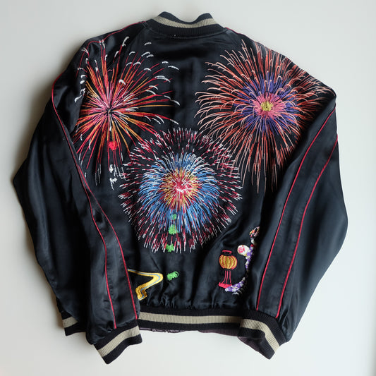 Vintage Japanese Reversible Sukajan Jacket Hanabi Fireworks Maiko Geisha Embroidered Souvenir Bomber M-L