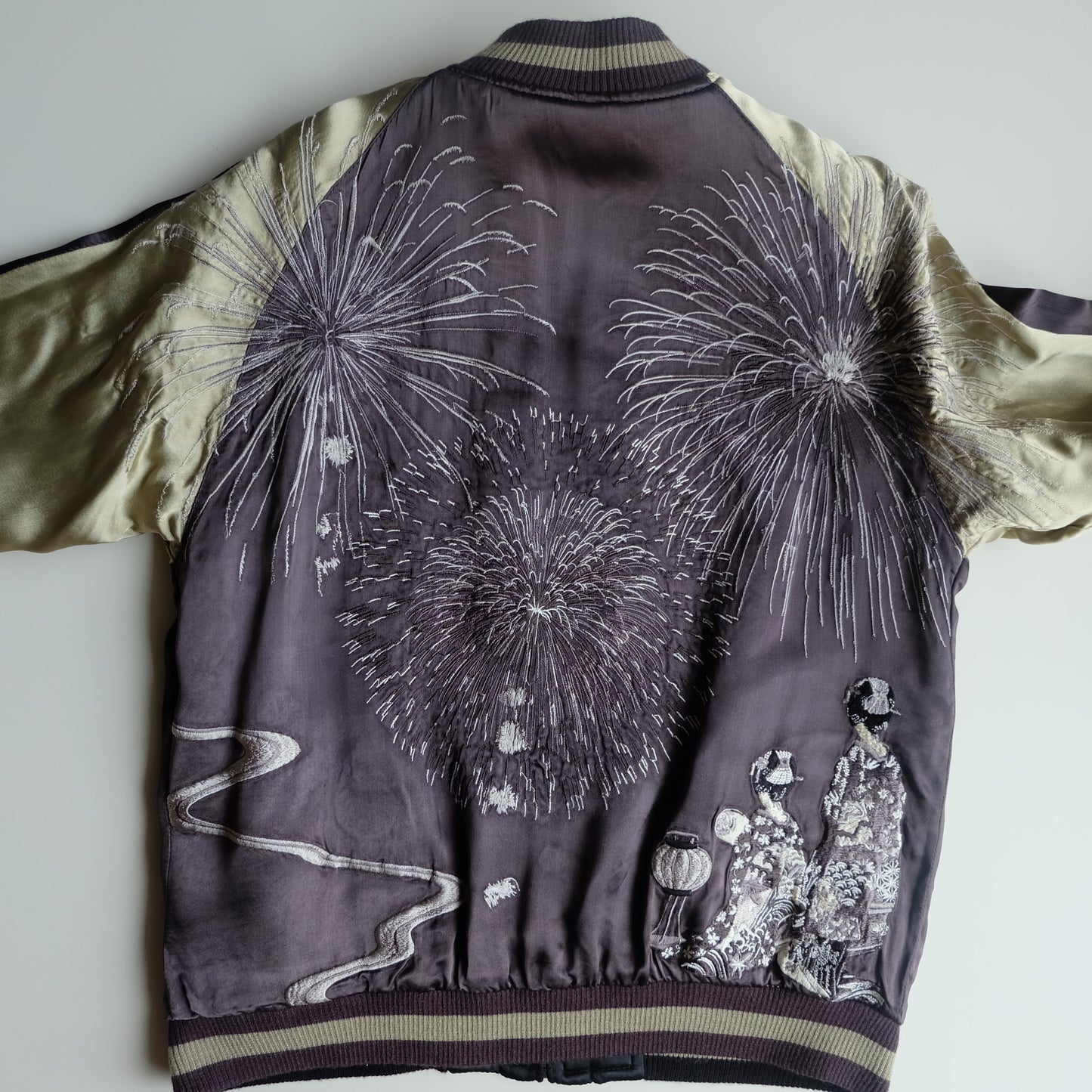 Vintage Japanese Reversible Sukajan Jacket Hanabi Fireworks Maiko Geisha Embroidered Souvenir Bomber M-L