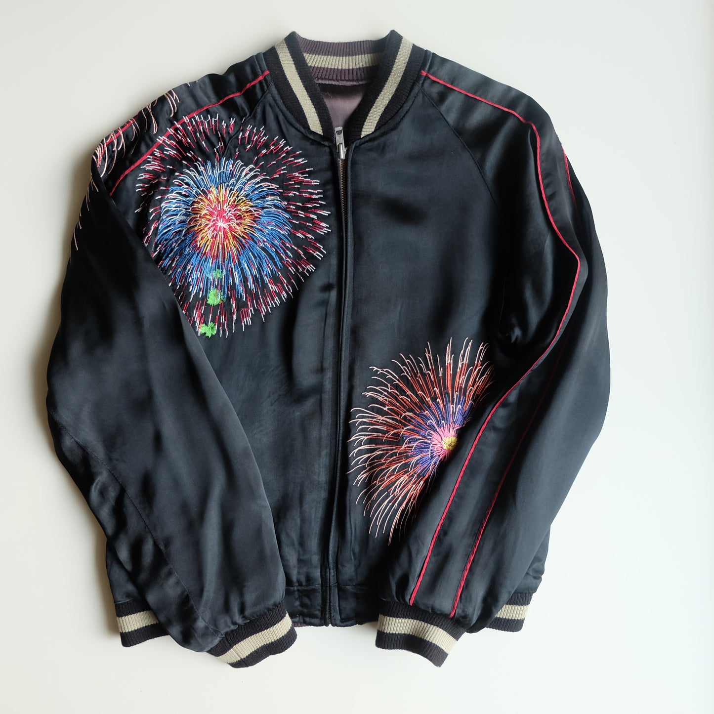 Vintage Japanese Reversible Sukajan Jacket Hanabi Fireworks Maiko Geisha Embroidered Souvenir Bomber M-L